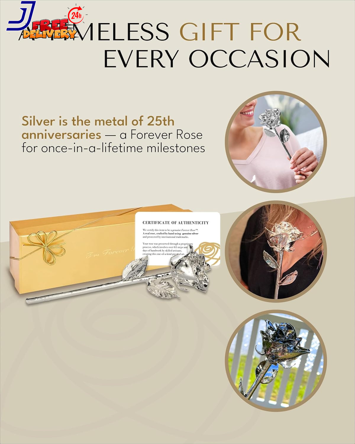 Real Rose Dipped in Silver Handcrafted Preserved Rose in Luxury Gold Gift Box Ro