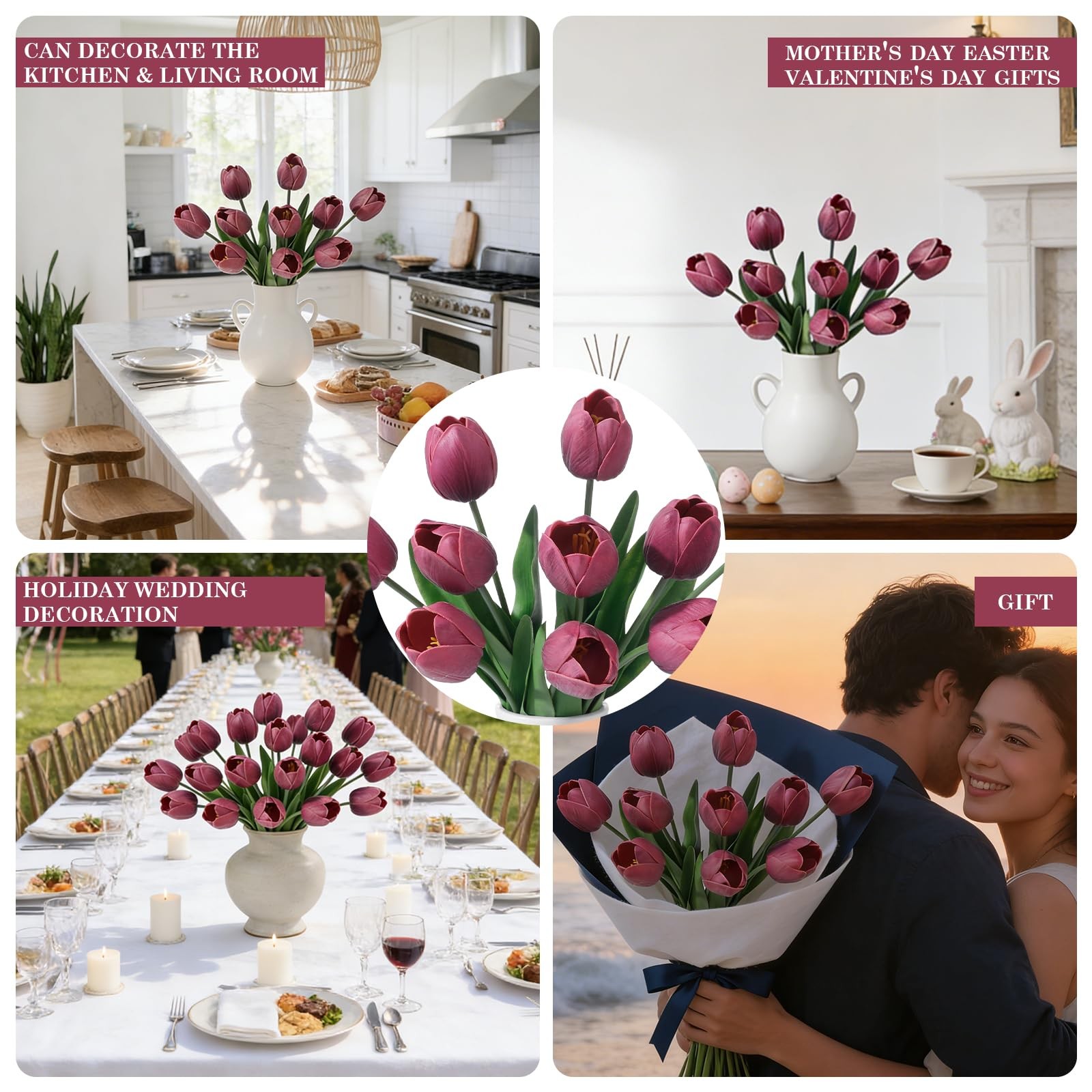Deep Red PU Artificial Fake Tulips Flowers Spring Wedding Bouquet 18.5 Inch
