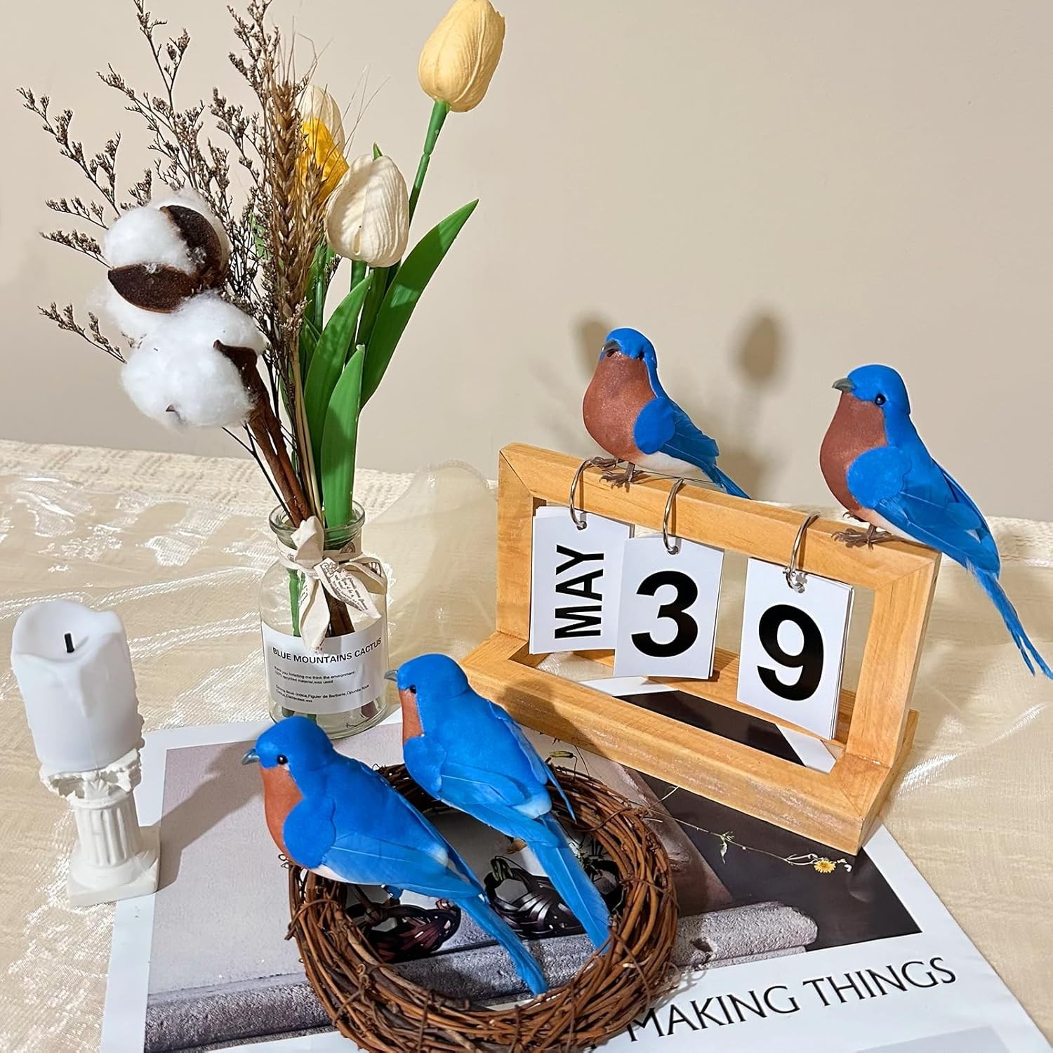 Realistic Feathered Blue Bird Model for Floral Arrangements & Crafts