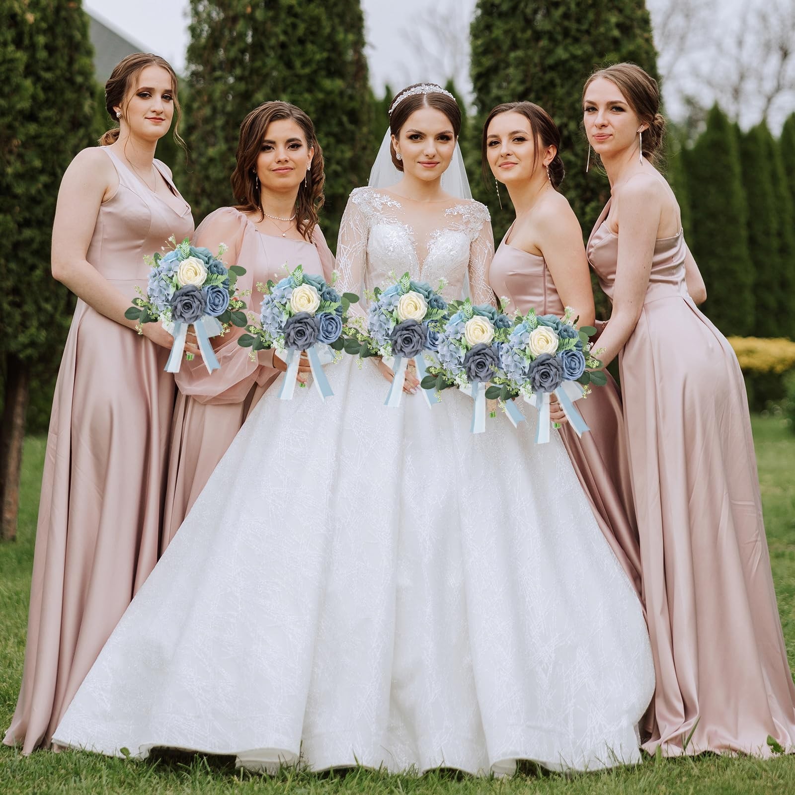 2 PCS 7 Inch Dusty Blue White Artificial Bridesmaid Wedding Bouquet Set