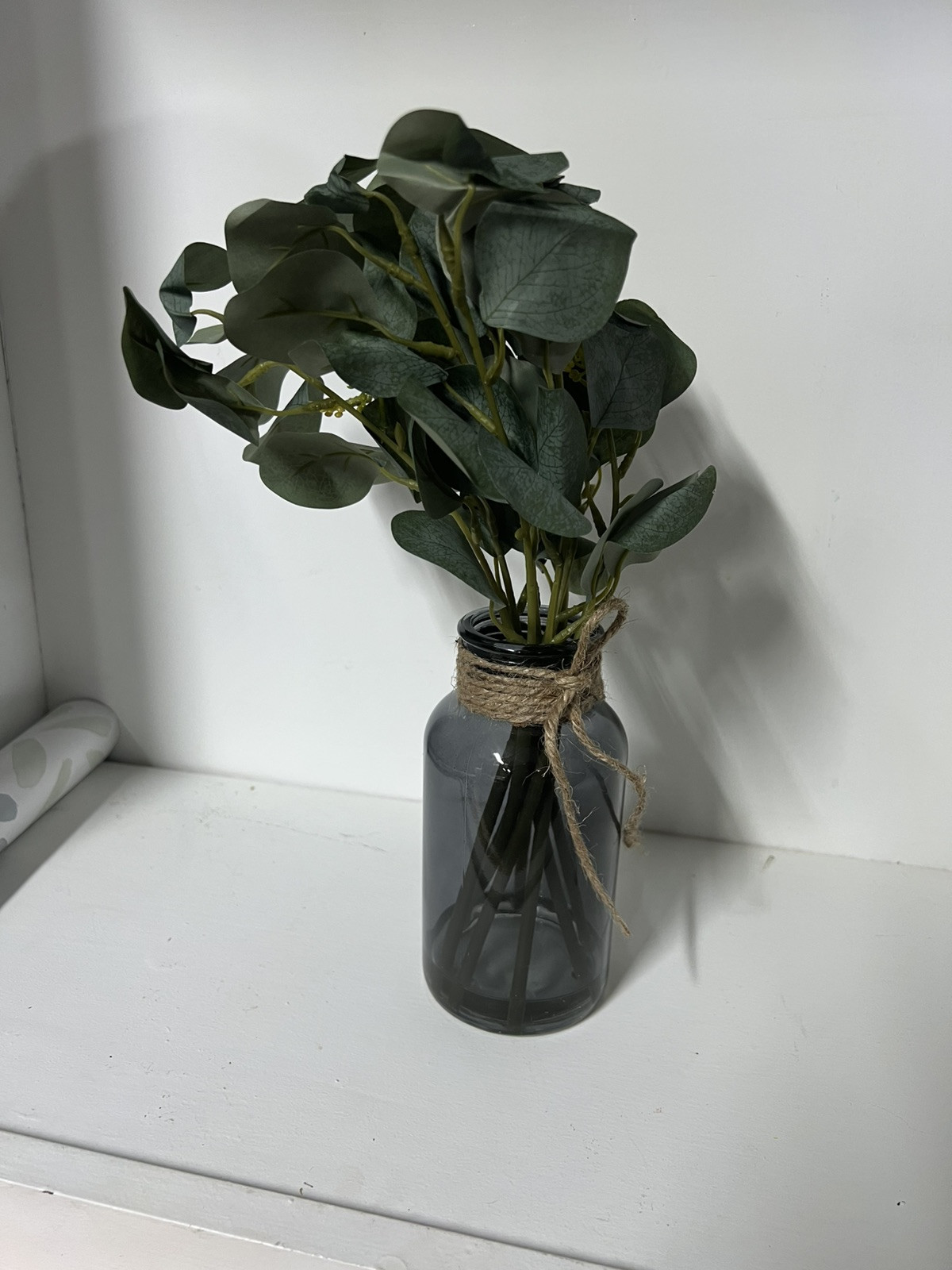 Artificial Eucalyptus Stems in Black Glass Vase with Faux Water, 14″, With Bow