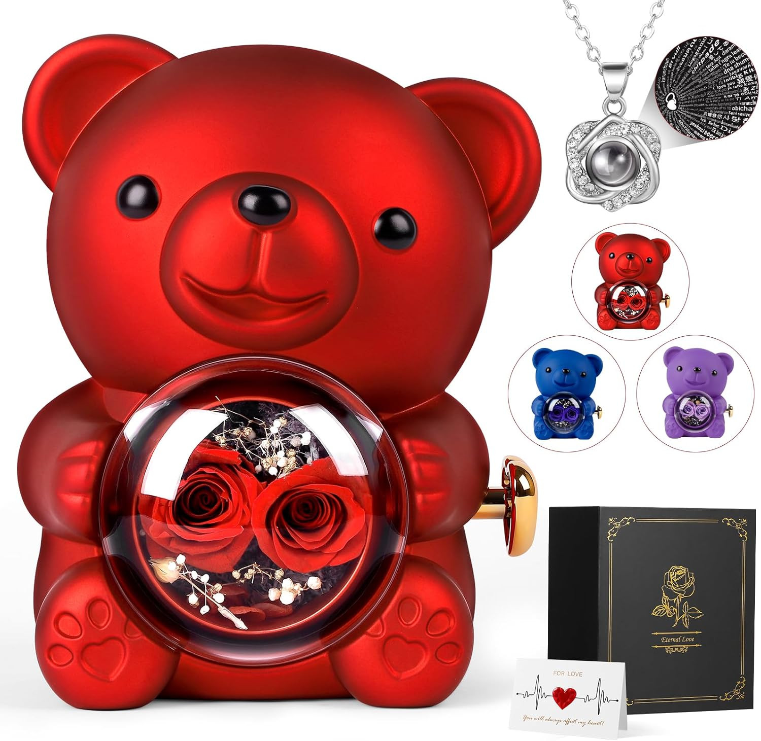 Red Rose Bear Teddy with Necklace Gift Box Forever Flower Romantic Gift for Her