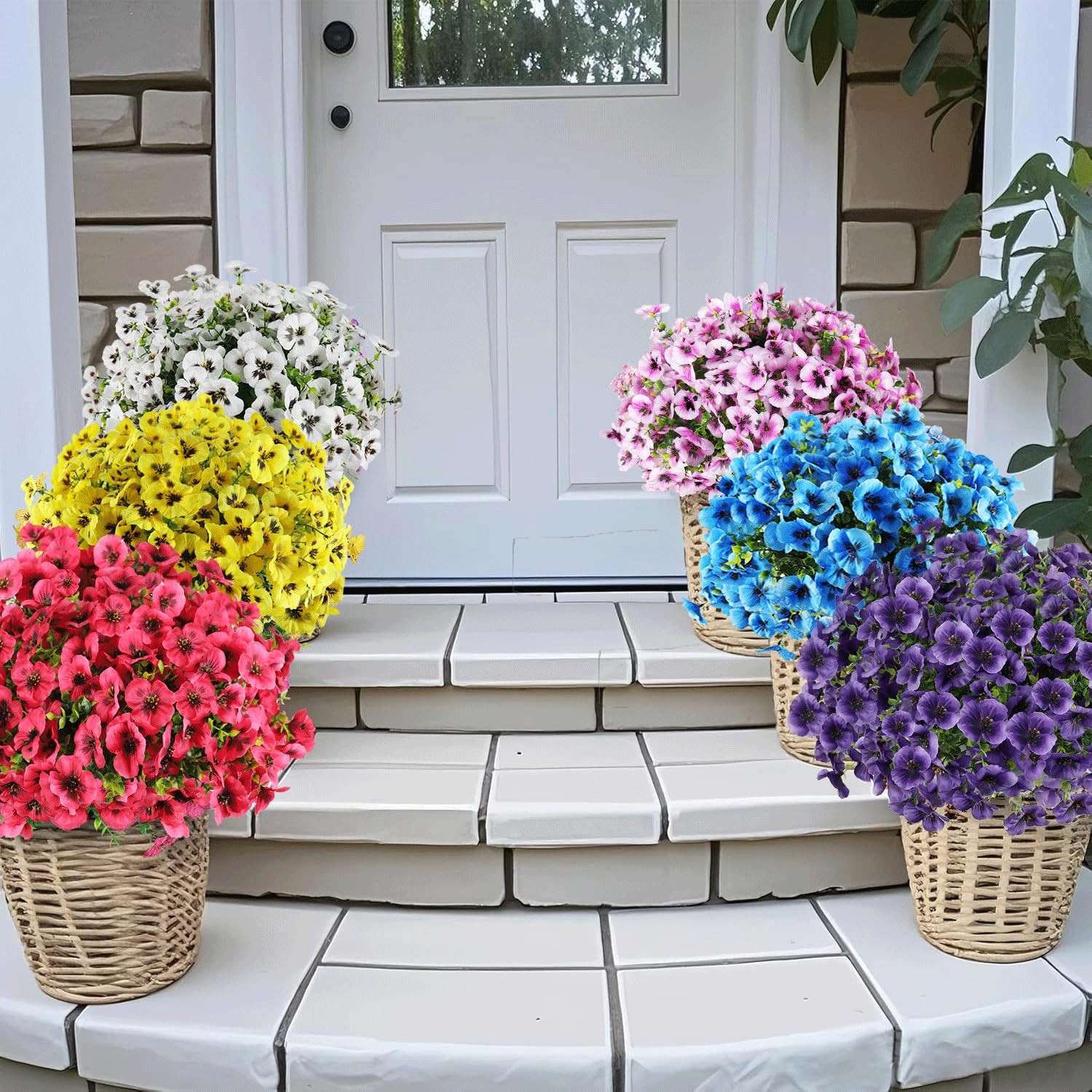 Artificial Fake Pansy Flowers UV Resistant Faux Silk 12 Bundles Yellow Purple