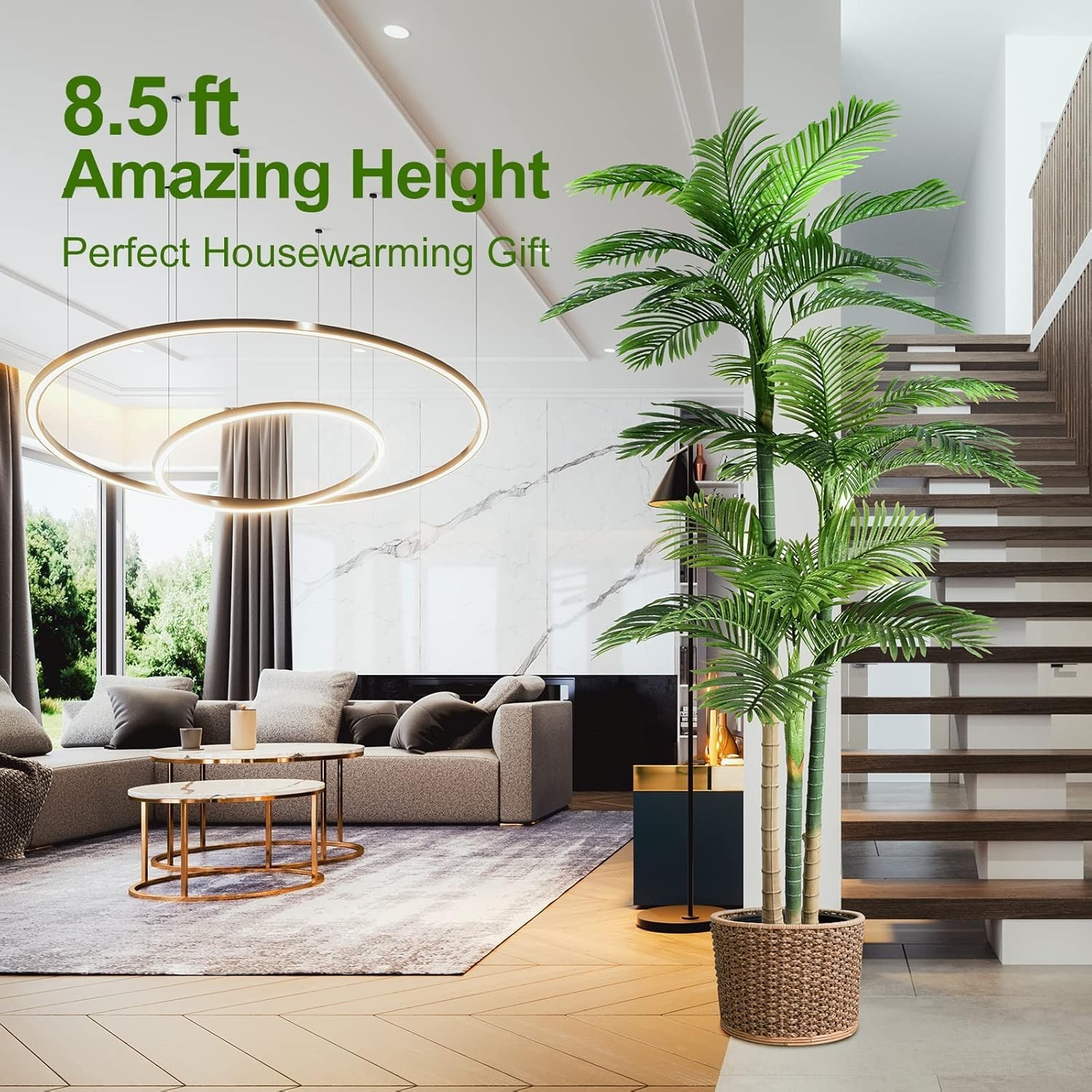 Elegant 8.5ft Faux Golden Cane Palm Tree in Pot – Low Maintenance Green Elegance