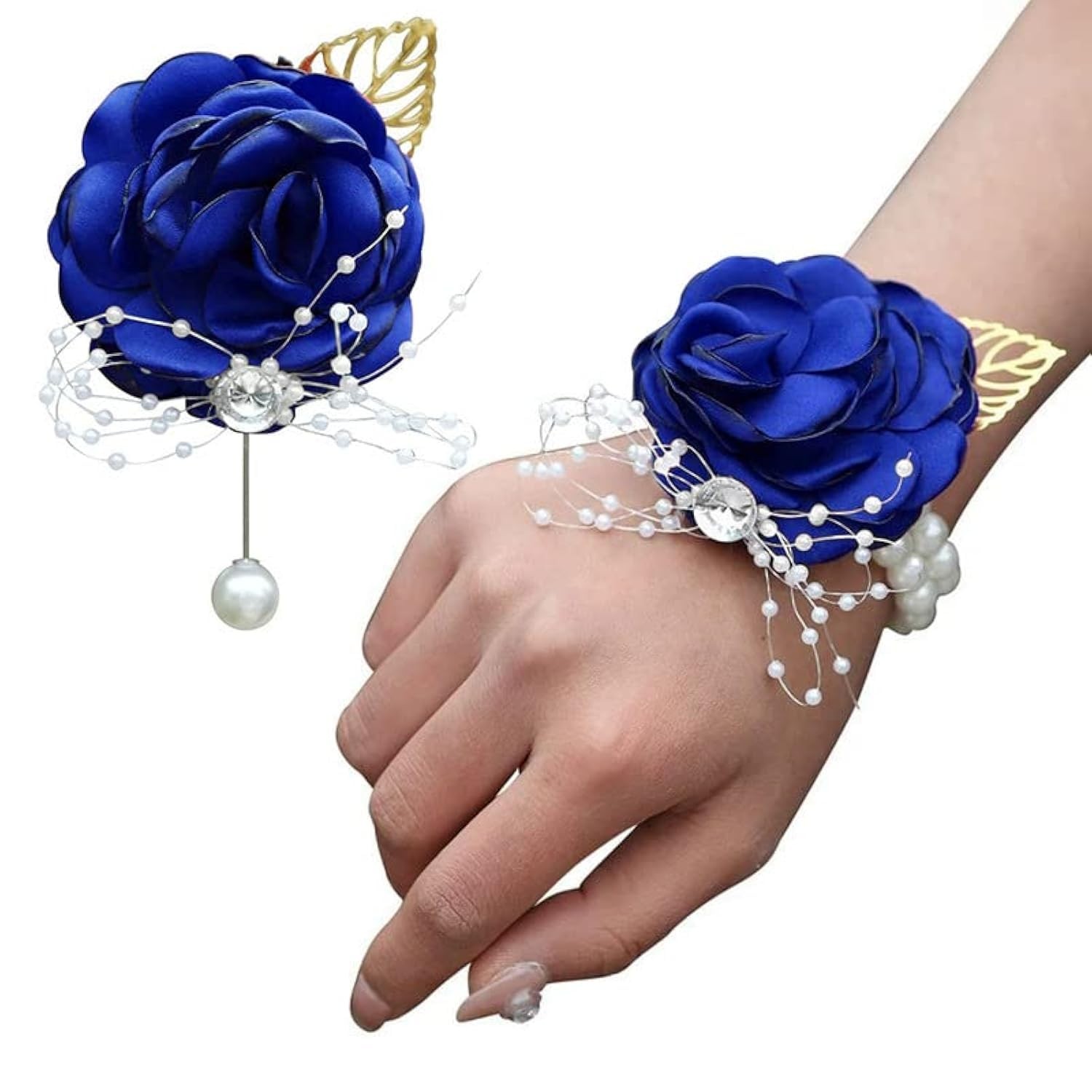 Bridesmaid Wrist Corsage Rose Boutonniere Set Wedding Prom Party Blue 2 PCS