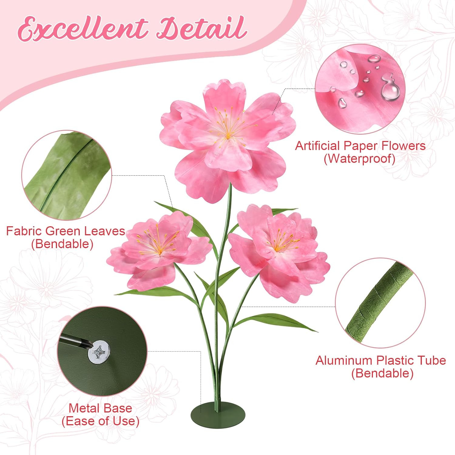 Giant Pink Artificial Flowers 5.6 Ft for Weddings, Parties & Photography Props