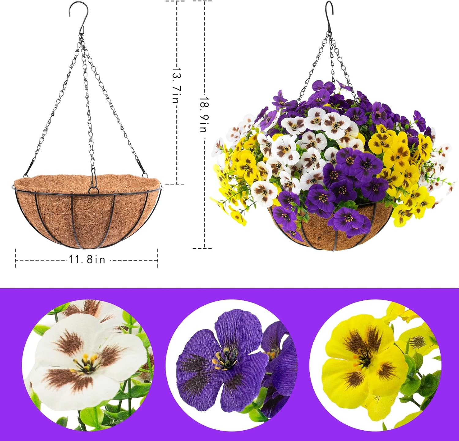 2 Sets Artificial Hanging Pansy Flowers with Baskets, 24 Pcs UV Resistant Faux S