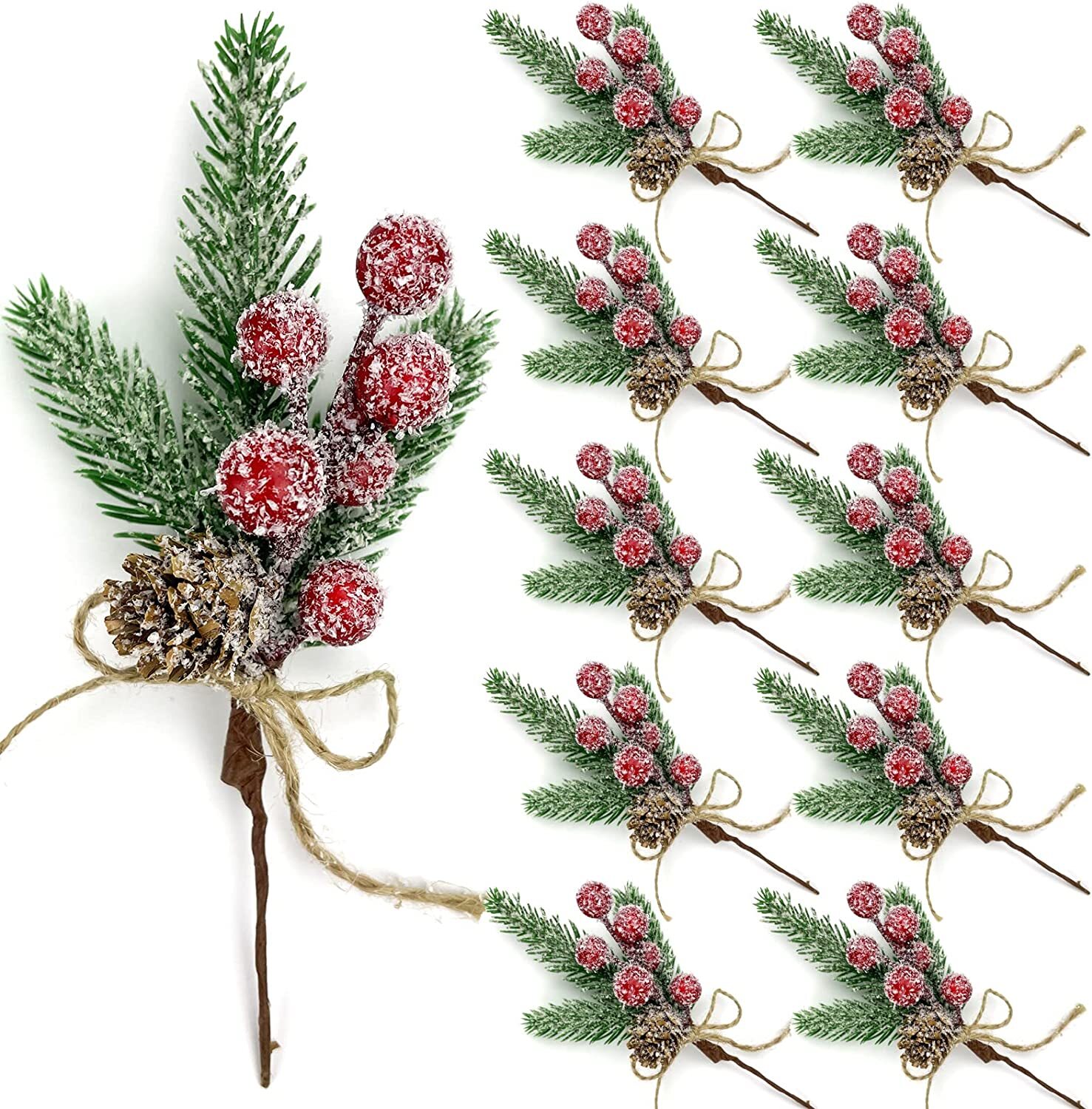 10× Christmas Berries Pine Cones Artificial Pine Picks with Snowflakes Holly US
