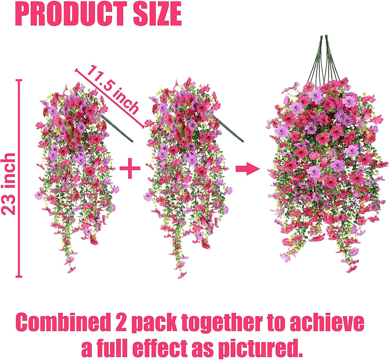 Artificial Fake Hanging Flowers Plants for Outdoor Outside 2PCS Hot pink-Magenta