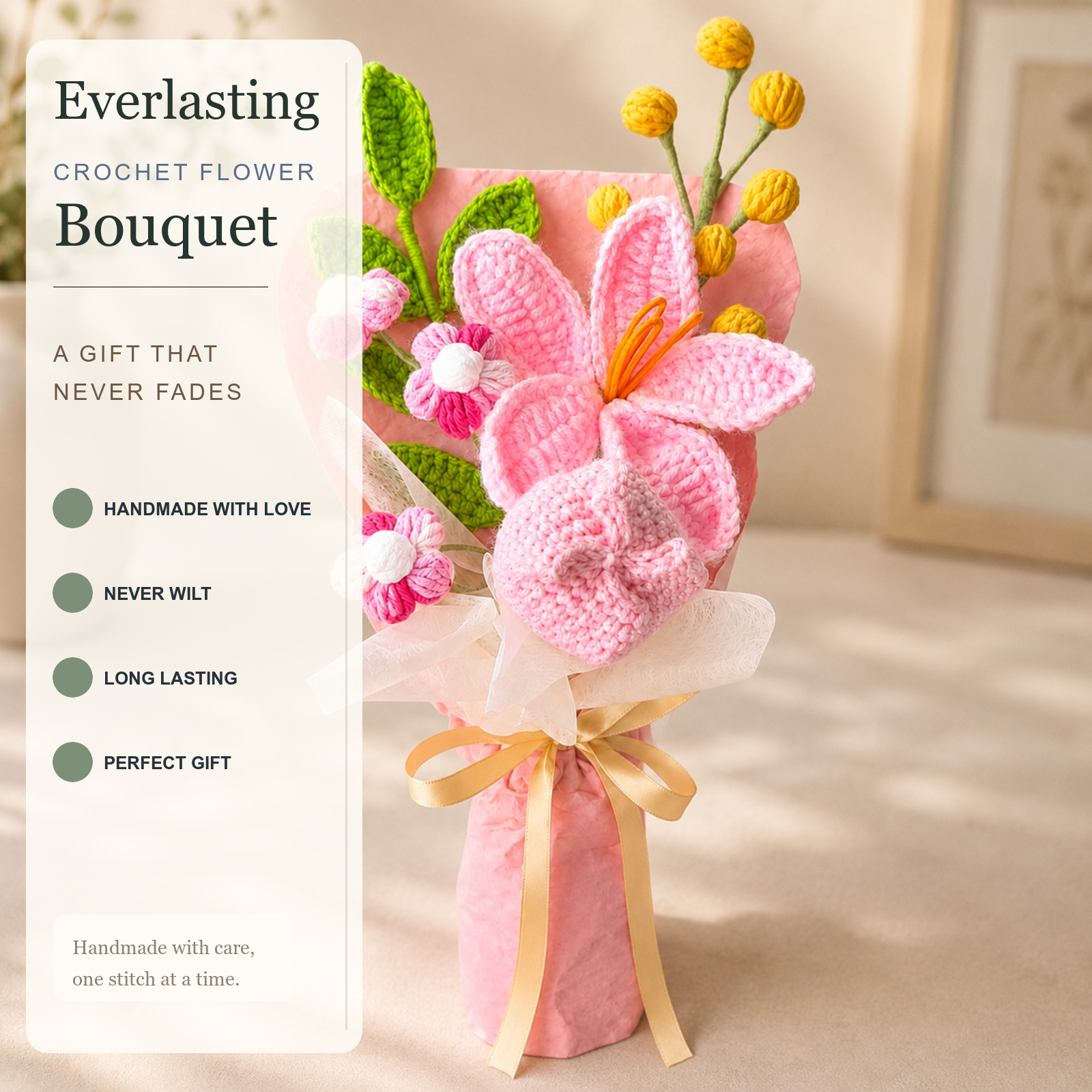 Pink Yellow Crochet Mini Bouquet Bridal Shower Favor Gift