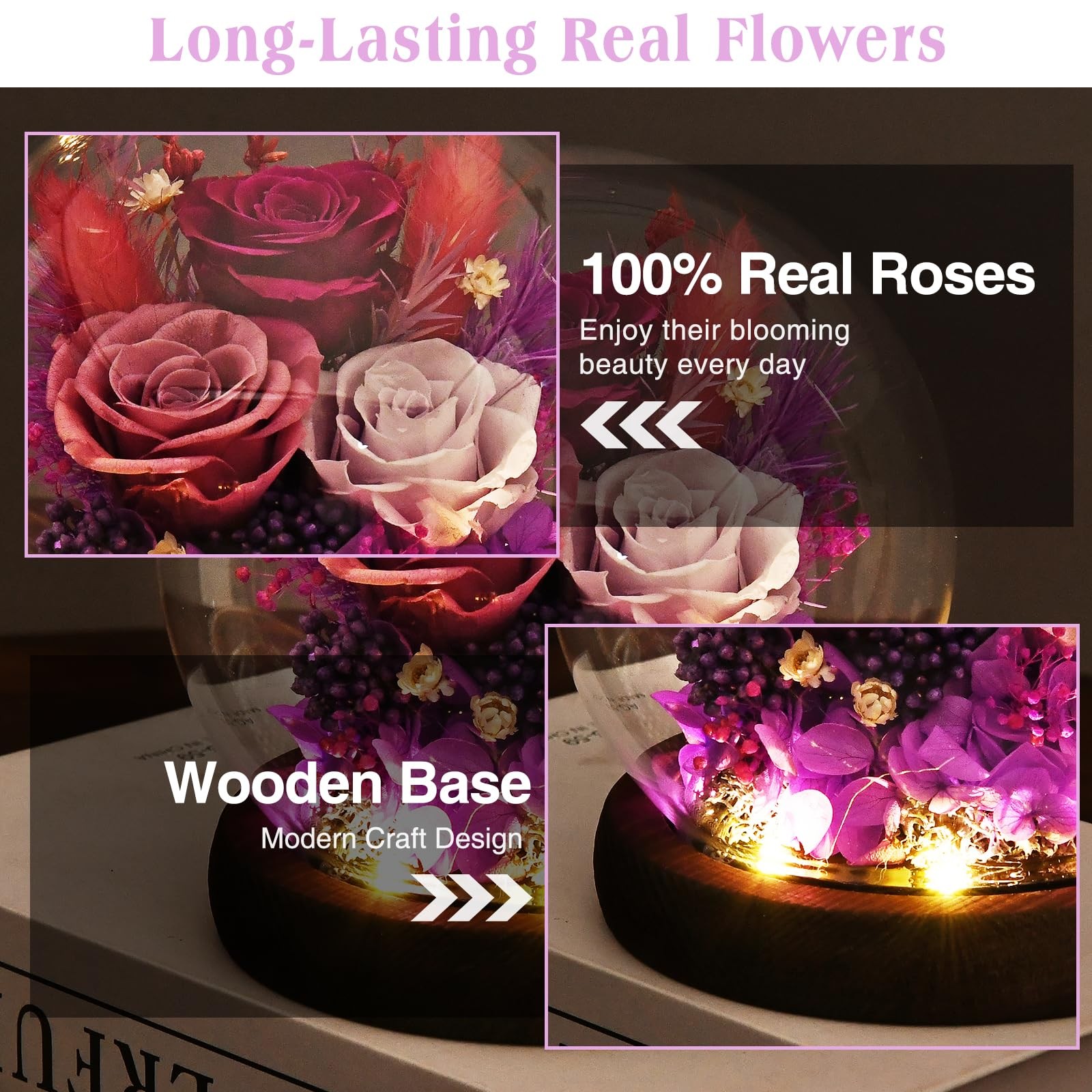FRYMSHE Gifts for Wome, Mom, Grandma, Wife, Preserved Rose Flowers in Glass Dome
