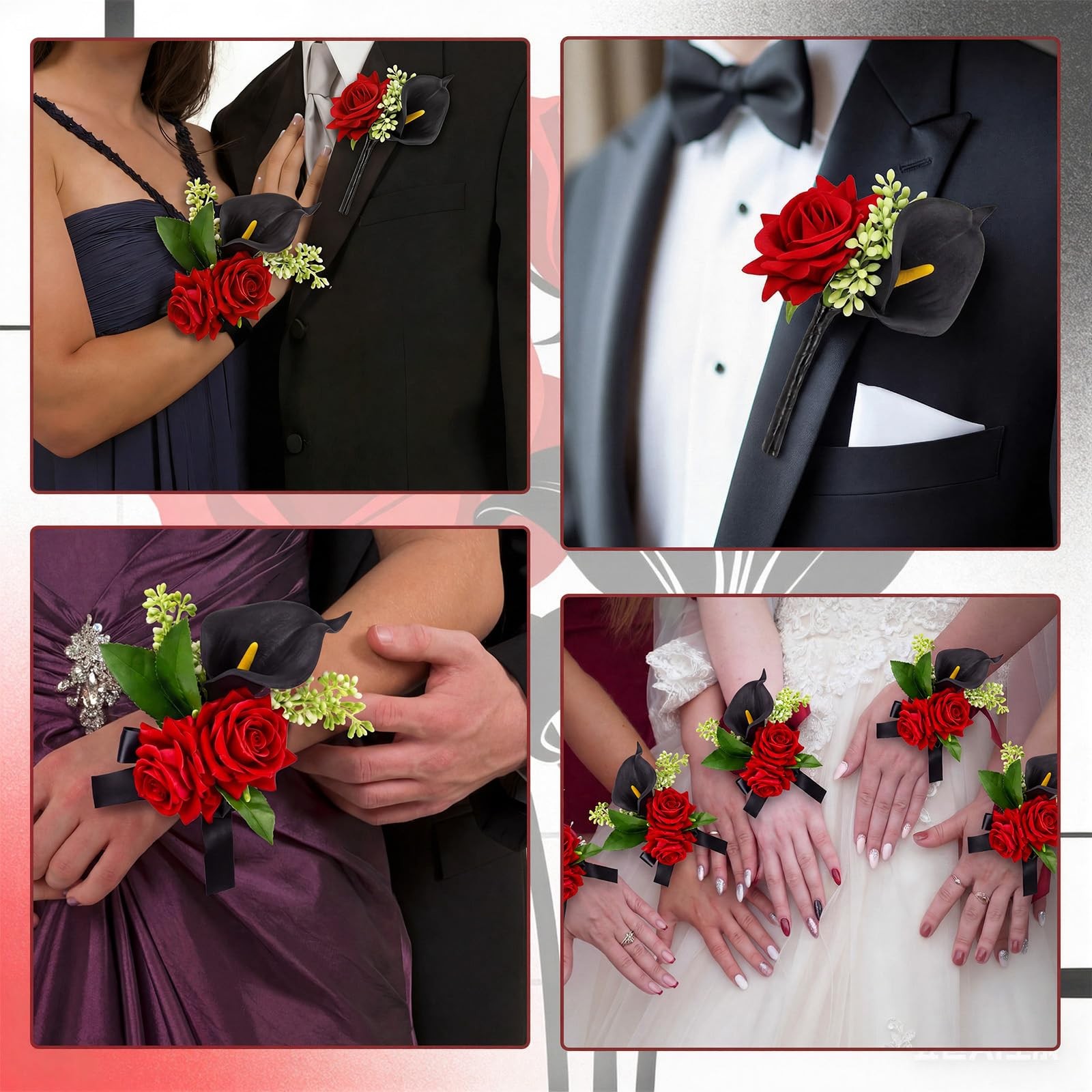2 Pcs Red Rose Wrist Corsage and Boutonniere Set for Homecoming with Black Ca…
