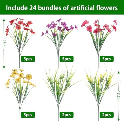 24PCS Fake Flowers Outdoor, UV Resistant Artificial Silk Flowers | Realistic