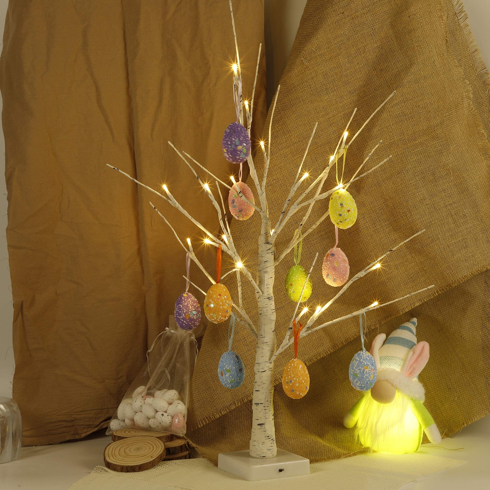 Easter Decorations kemooie 24 Inch Pre-lit White Birch Tree with 10 Hanging Ea..