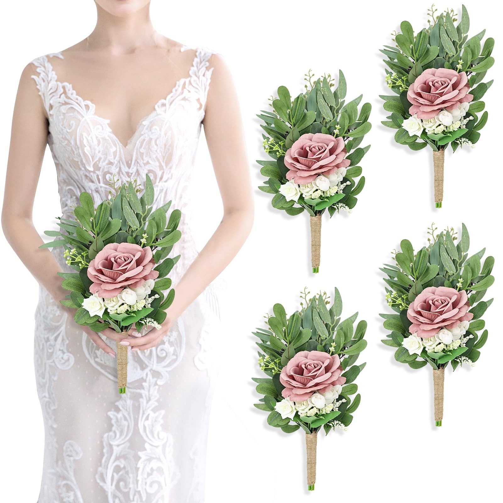 4 PCS 8 Inch Dusty Pink Bridesmaid Bouquets Artificial Flowers Wedding Decor