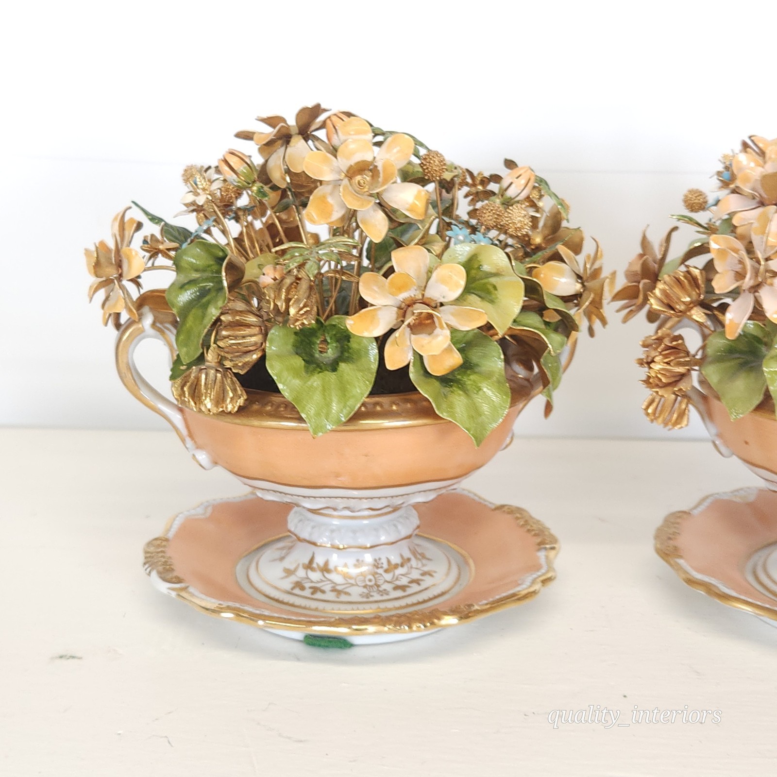 Pair Jane Hutcheson for Gorham Apricot Teacup & Saucer Floral Arrangement