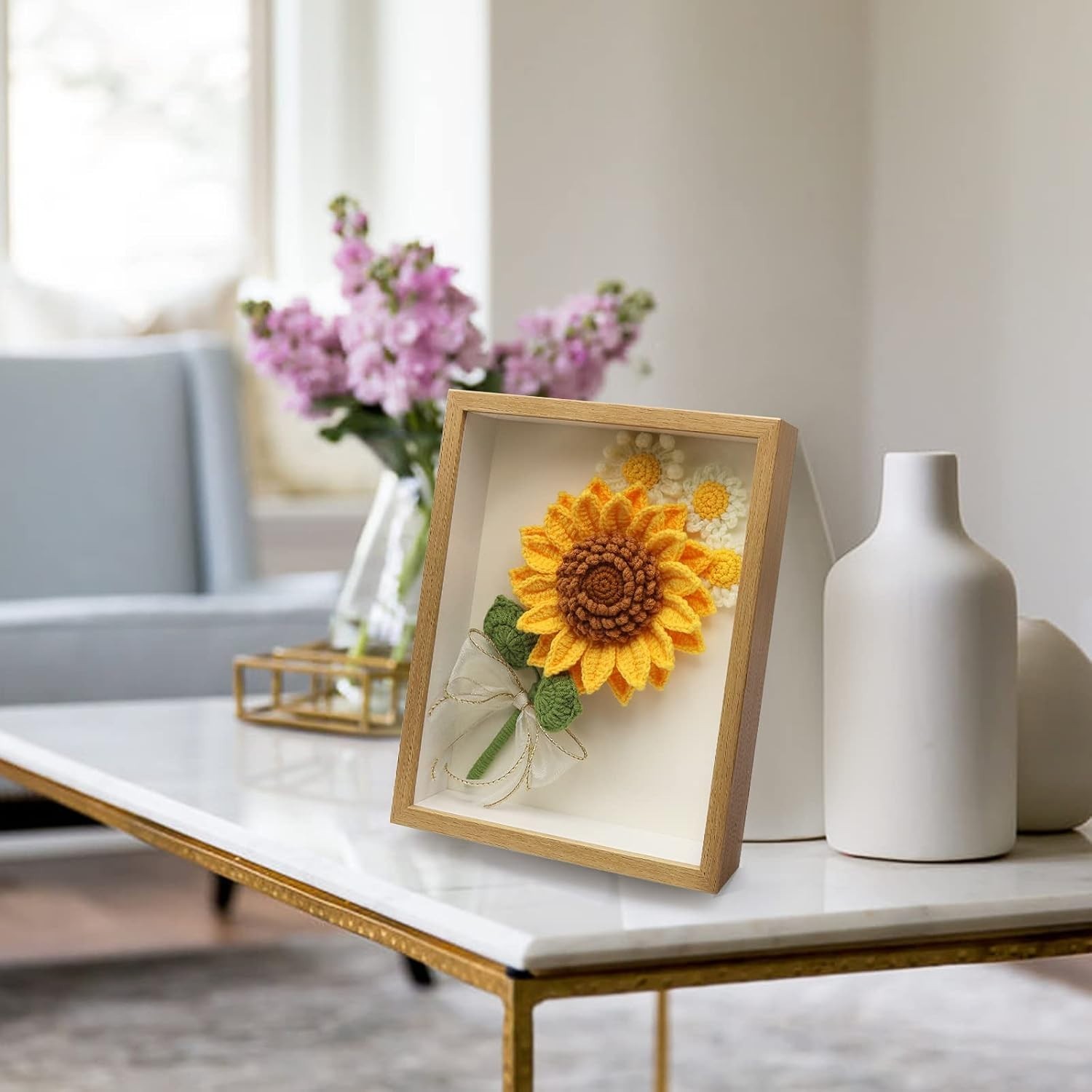 Crochet Flowers Photo Frame, Crochet Sunflower and,Daisy, Sunflower Photo Fra…