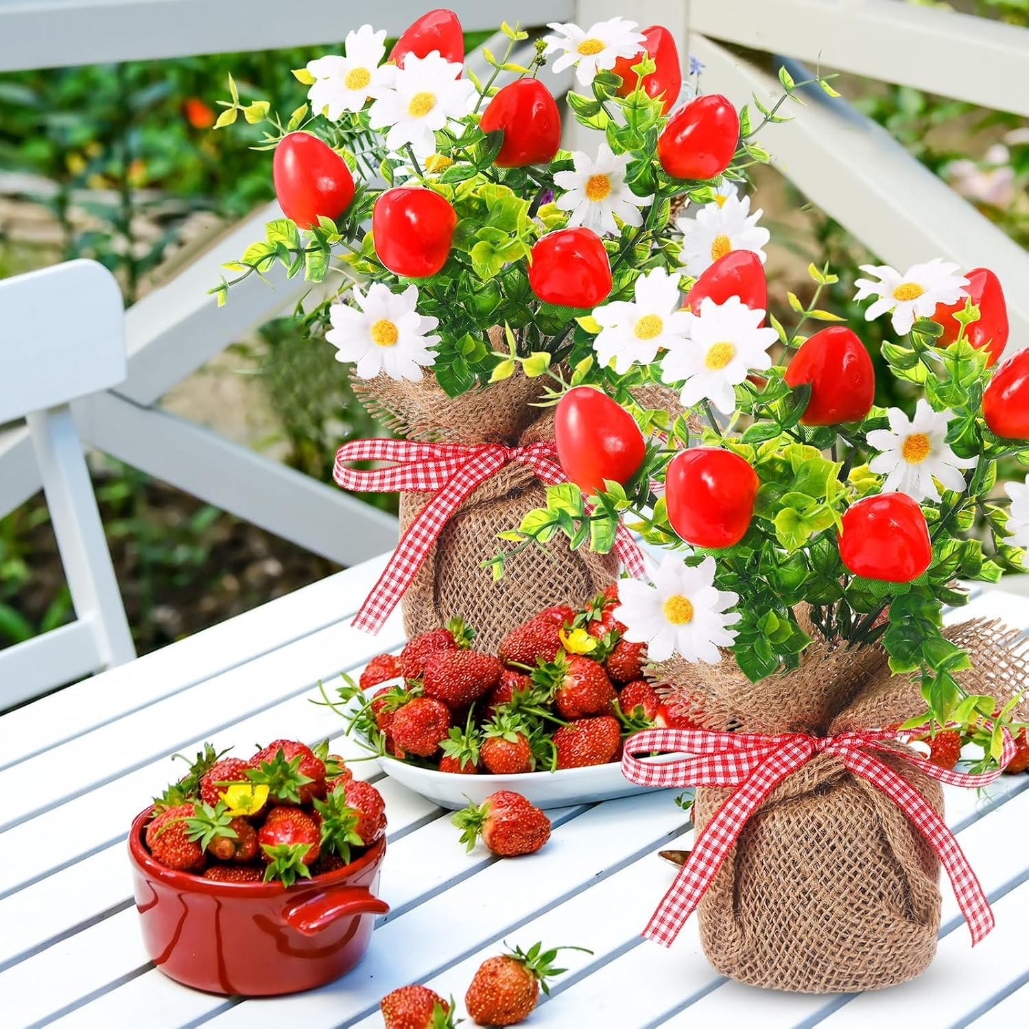 6 Pack Faux Strawberry Centerpieces in Burlap Vase for Parties & Home Decor