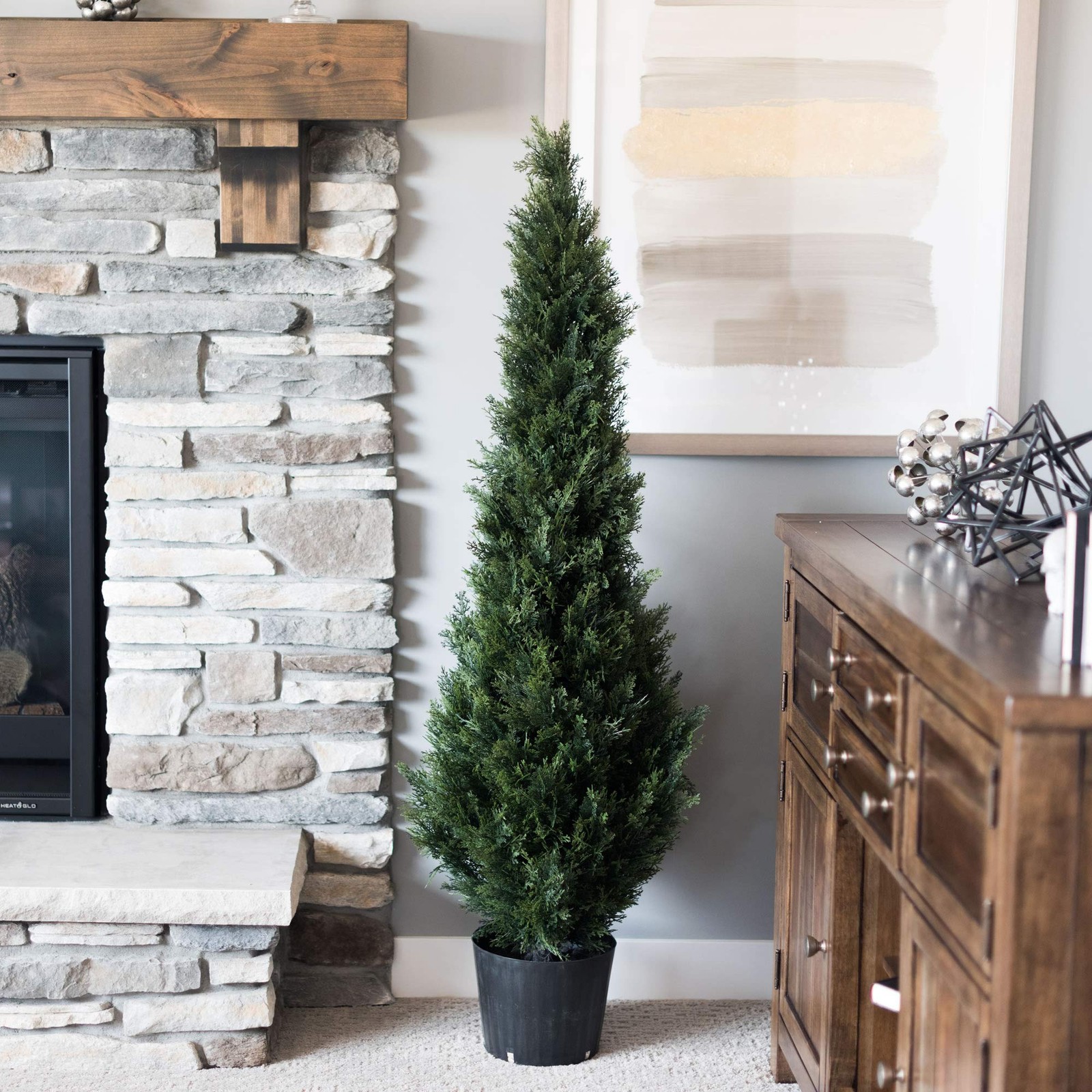 Pemberly Row 4′ Contemporary Plastic Artificial Potted Cedar Tree in Green
