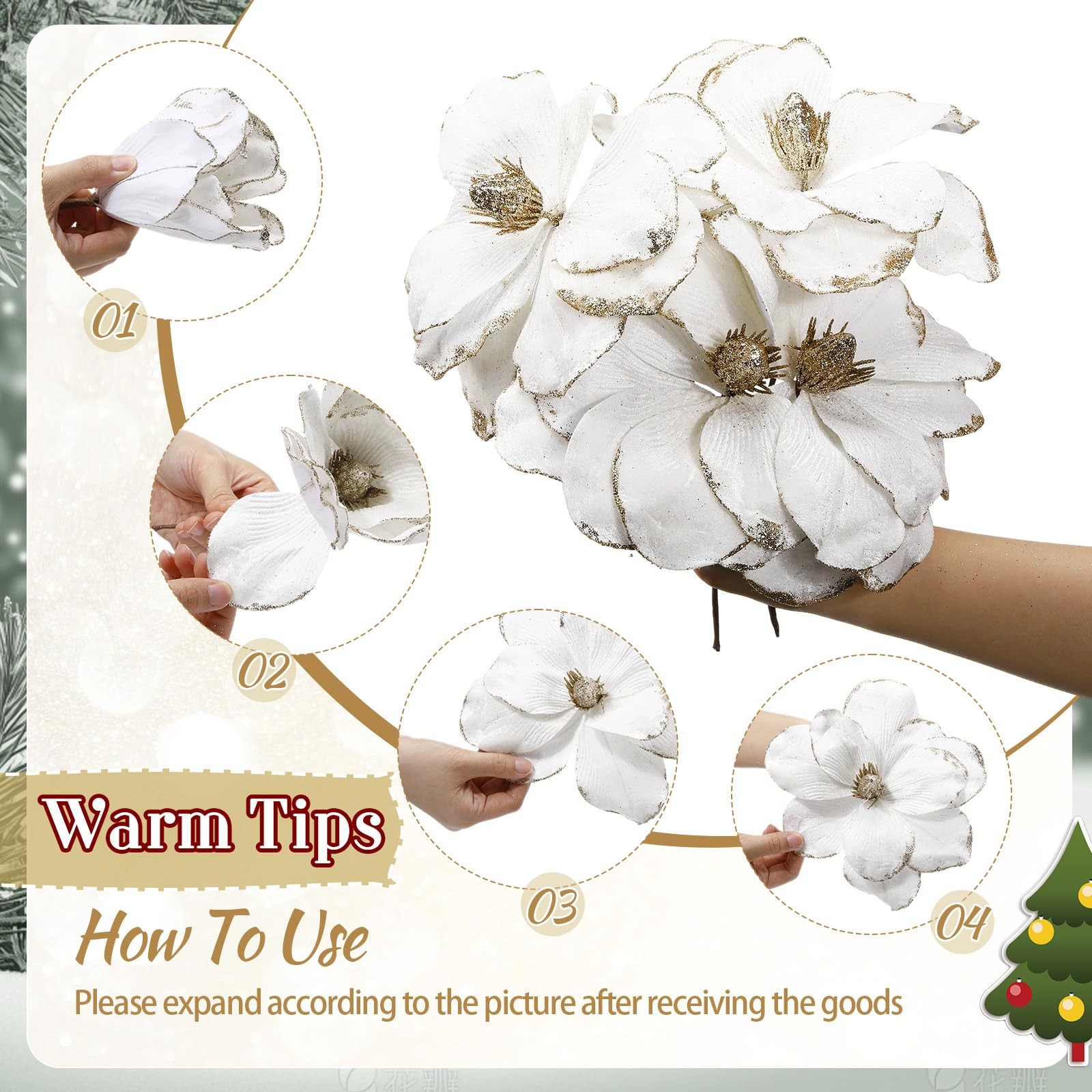 18 Pcs Large Velvet Christmas Poinsettia Magnolia Flowers White Artificial