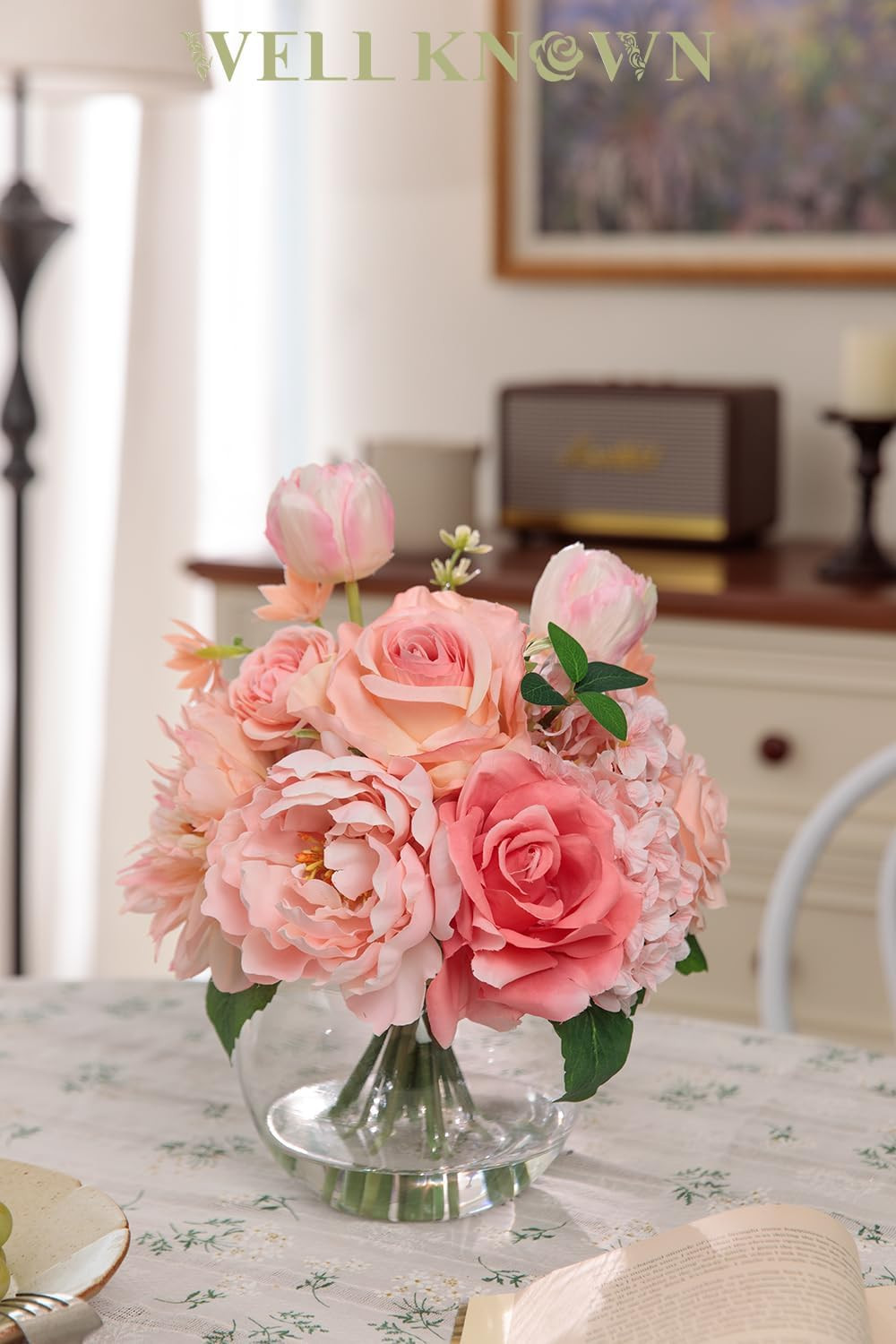 Peach Pink Silk Flower Bouquet in Vase with Fake Water for Home Decor