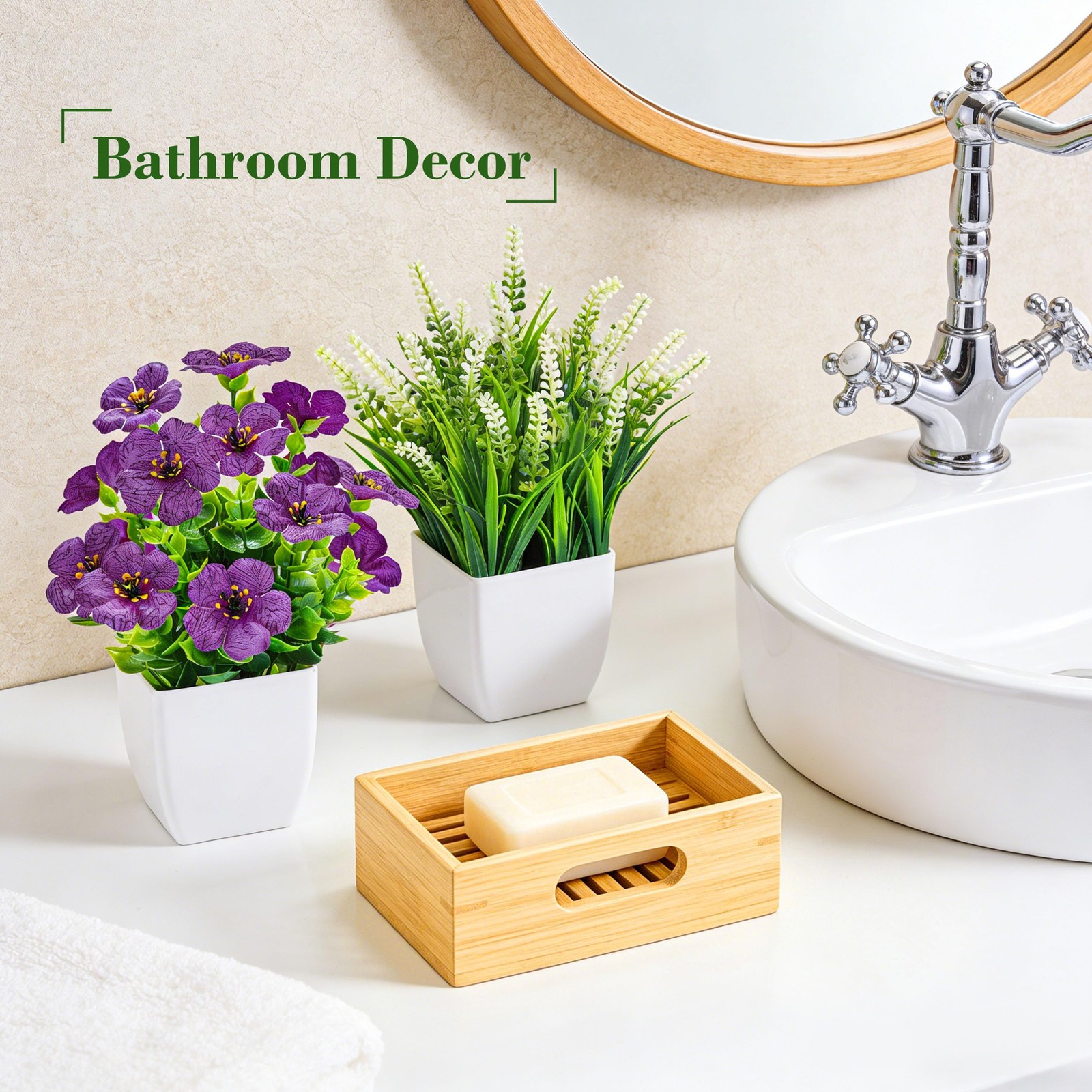 Fake Plants 4 Pack Small Artificial Flowers in White Pots for Desk Bathroom S…