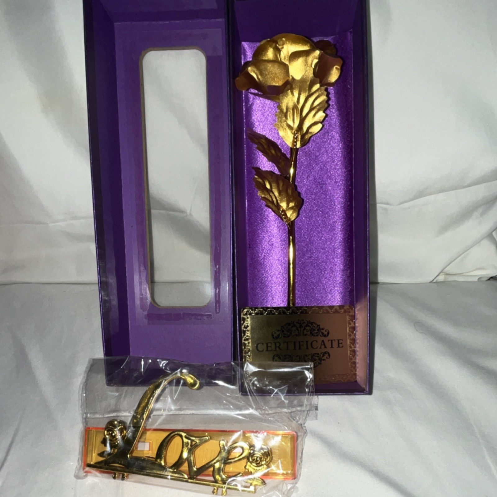 Artificial Gold Rose Metal Flower Stem with ‘Love’ Stand in Purple Gift Box