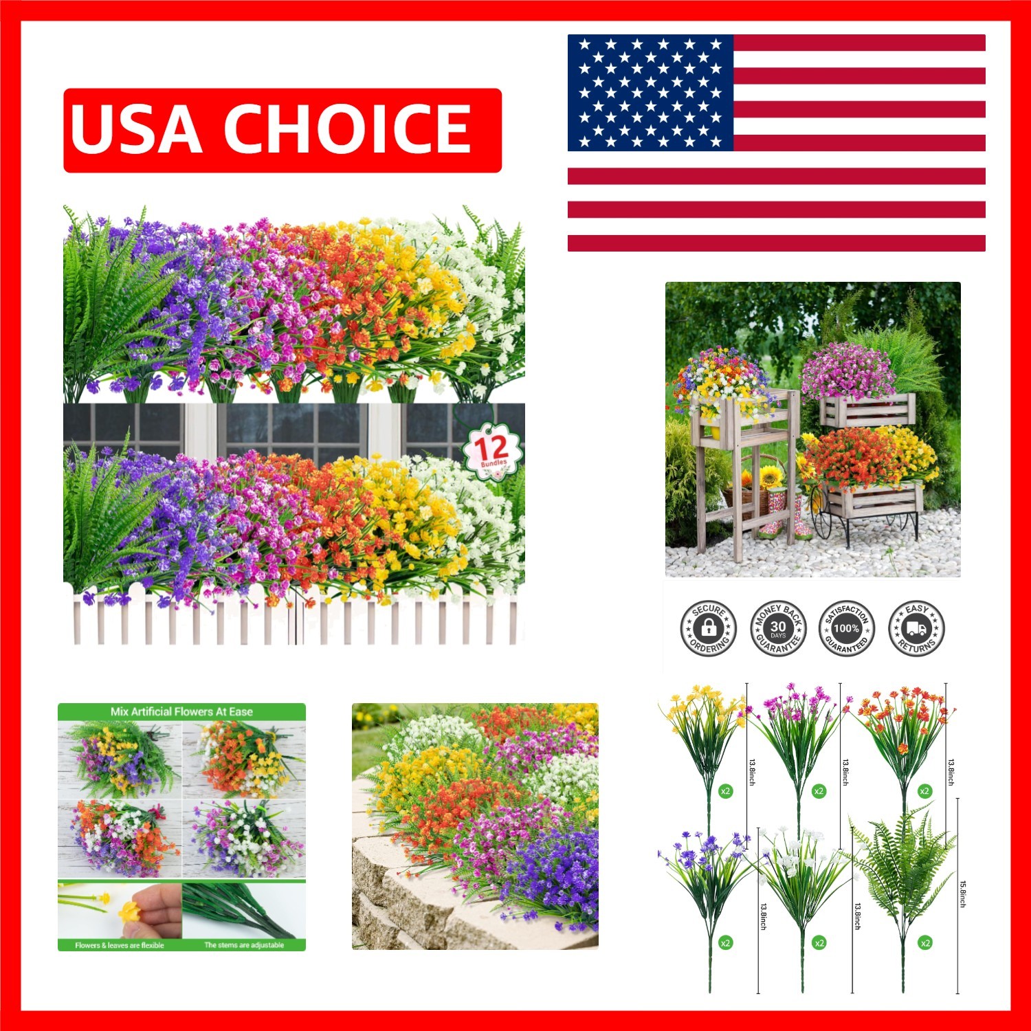 Vibrant Multi-Color Faux Flower Bundles – Perfect for Indoor & Outdoor Spaces
