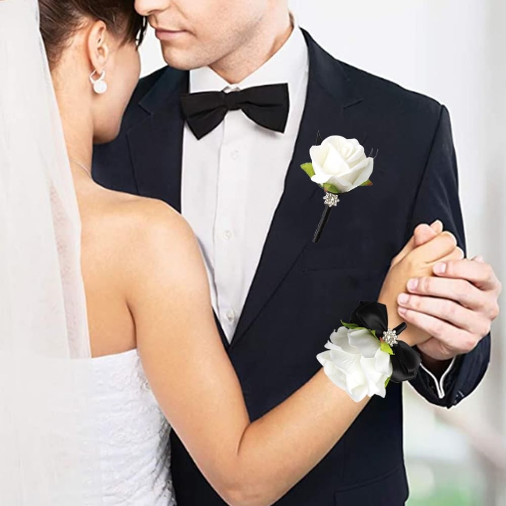 2 PCS Black White Wrist Corsage Rose Boutonniere Set Bride Groom Prom Wedding