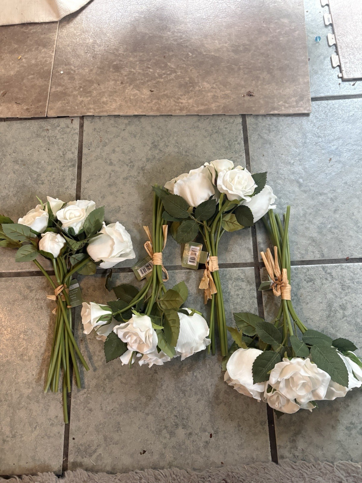 Lot of 4 Bouquets 13”Real Touch White Roses Wired Artificial Flowers Latex 34PC