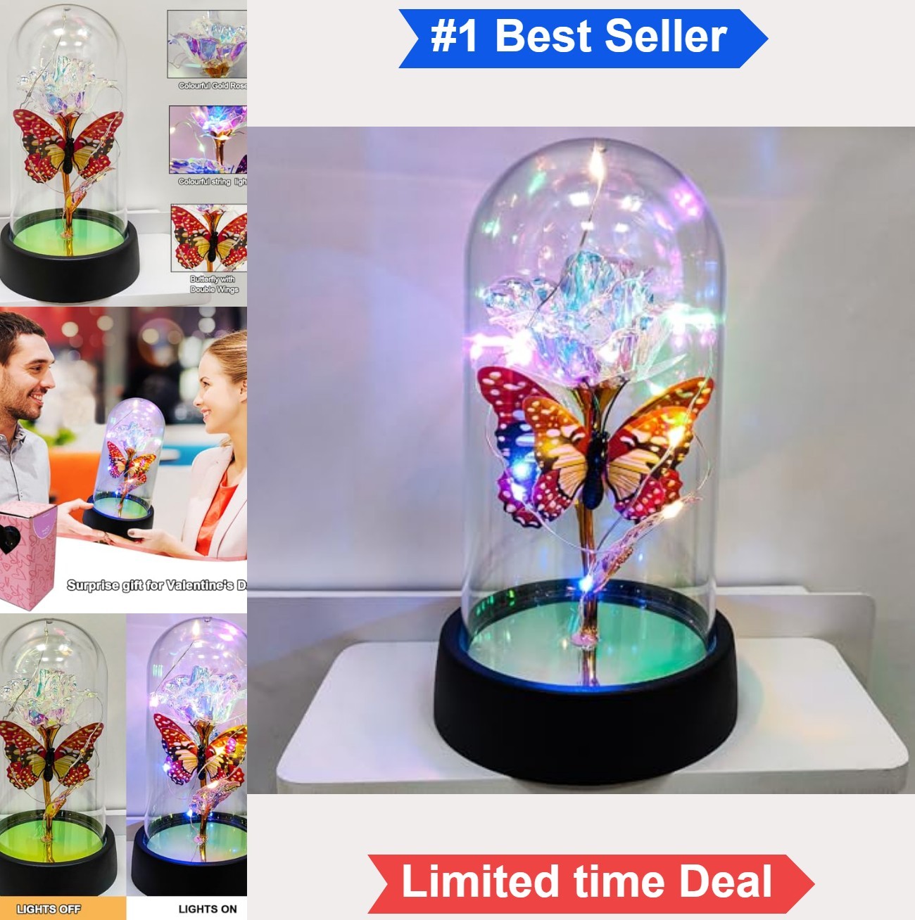Light Up Rose in Glass Dome LED Butterfly Decor Birthday Mother Day Gift