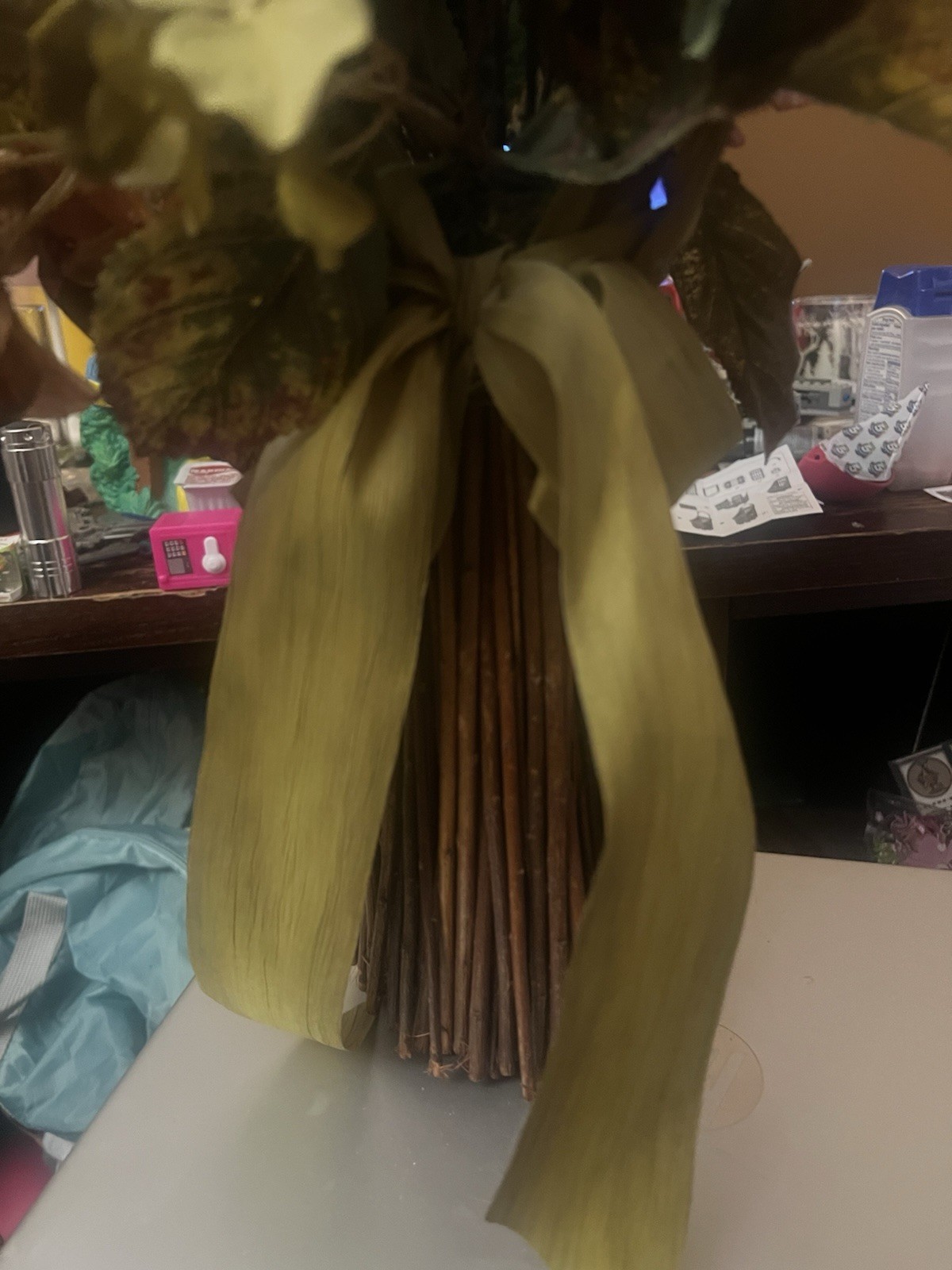 Artificial Hydrangea Bouquet w/Stick Style Vase, Mix Of Cream, Burgundy, & Green