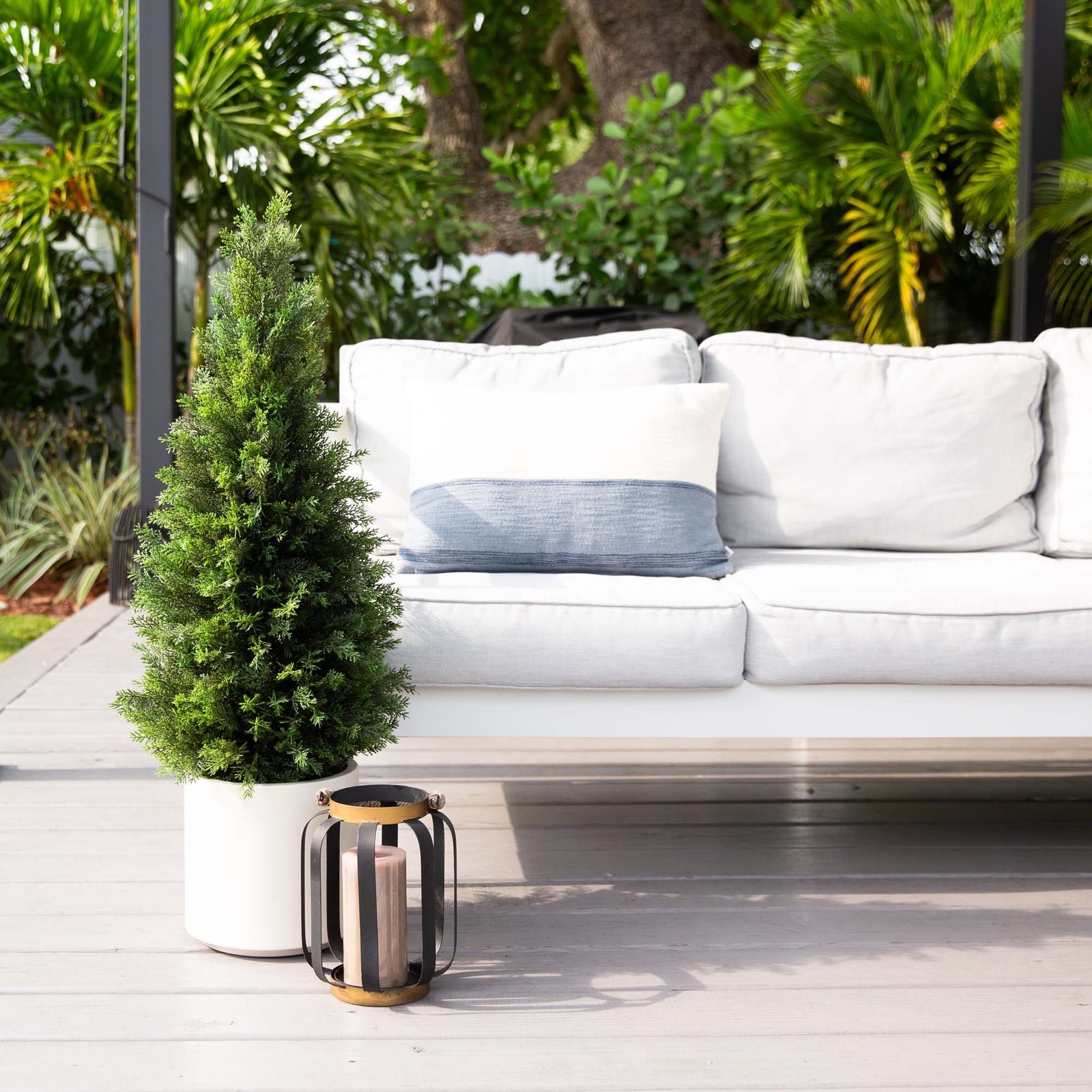Nearly Natural 3ft UV Resistant Cedar Tree in White Planter in Green