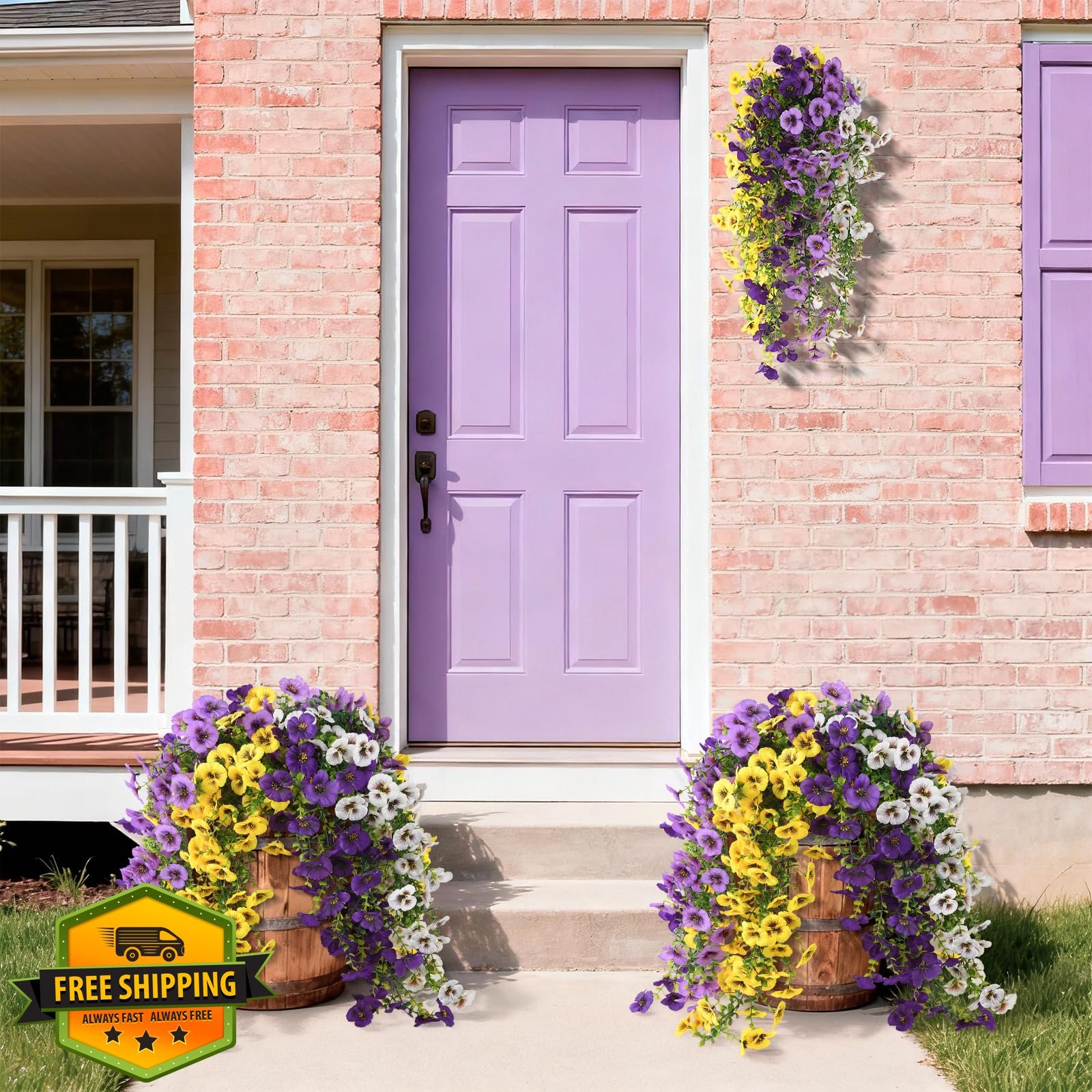 4pc Purple Yellow White Fake Hanging Pansy Flowers UV Resistant Silk Outdoor