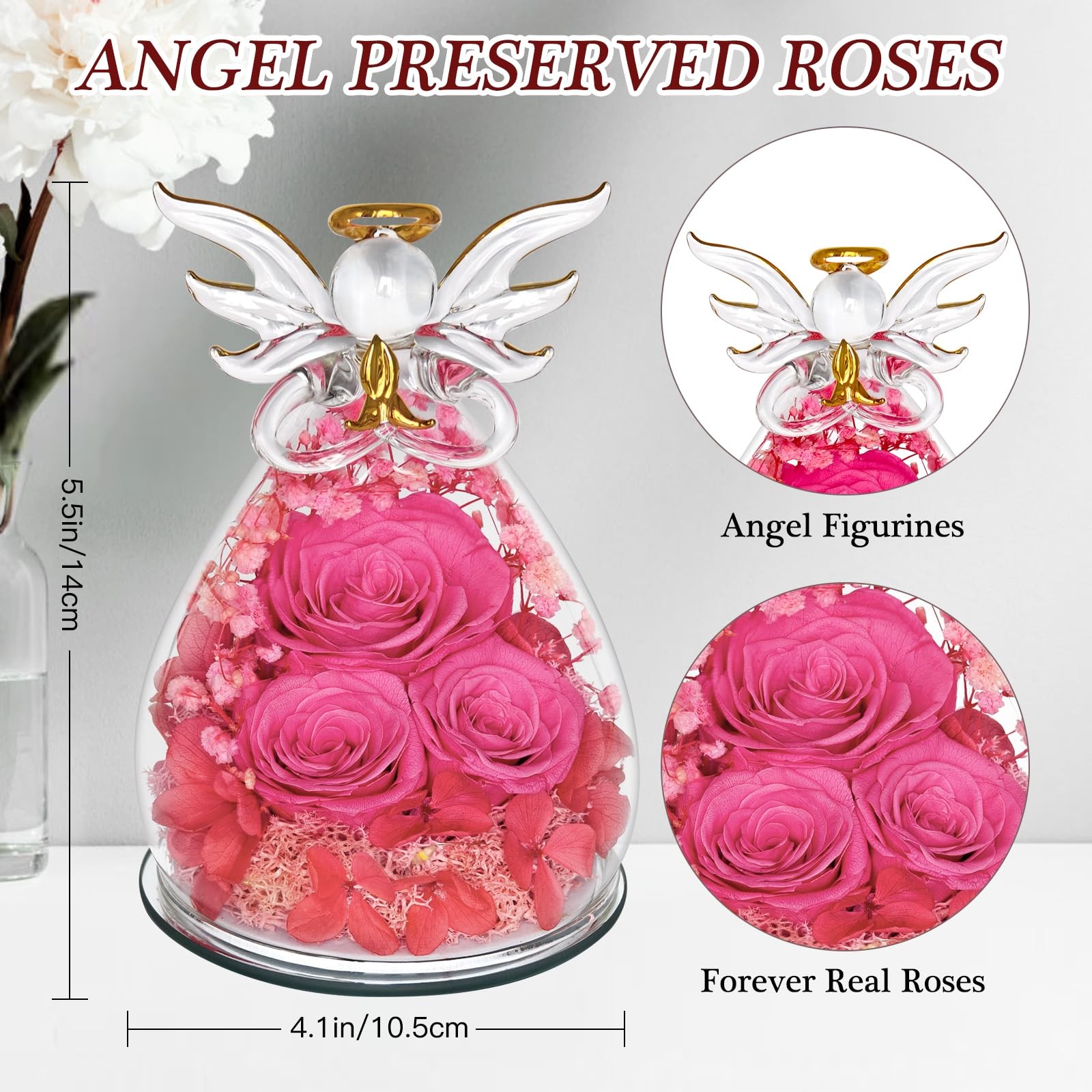 Preserved Rose Forever Flower in Glass Angel Figurines Fresh Flowers for Deli…