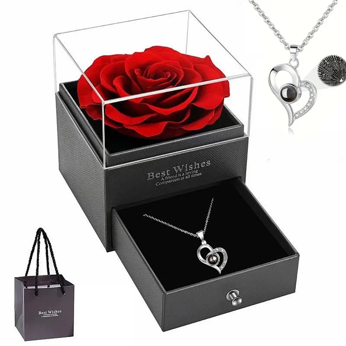 1set Heart Rose Necklace Gift Box for Women Wife Mom Valentine Birthday Present