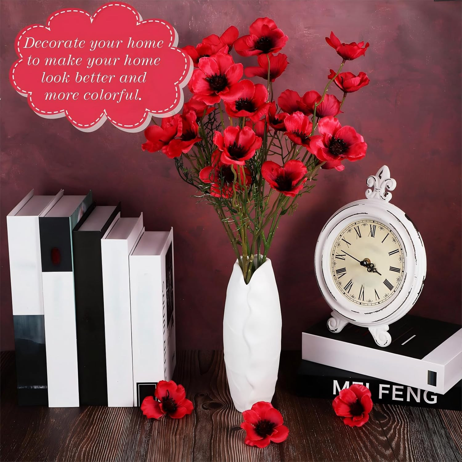 Xinnun 60 Pieces Artificial Poppies Flowers Red Poppy Artificial Silk Faux Steml