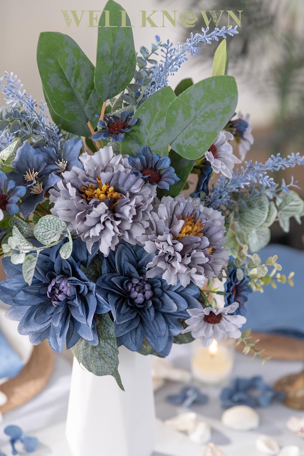 WELL KNOWN Artificial Flowers Bouquet, Blue Fake Flowers for Vase, Silk Faux …
