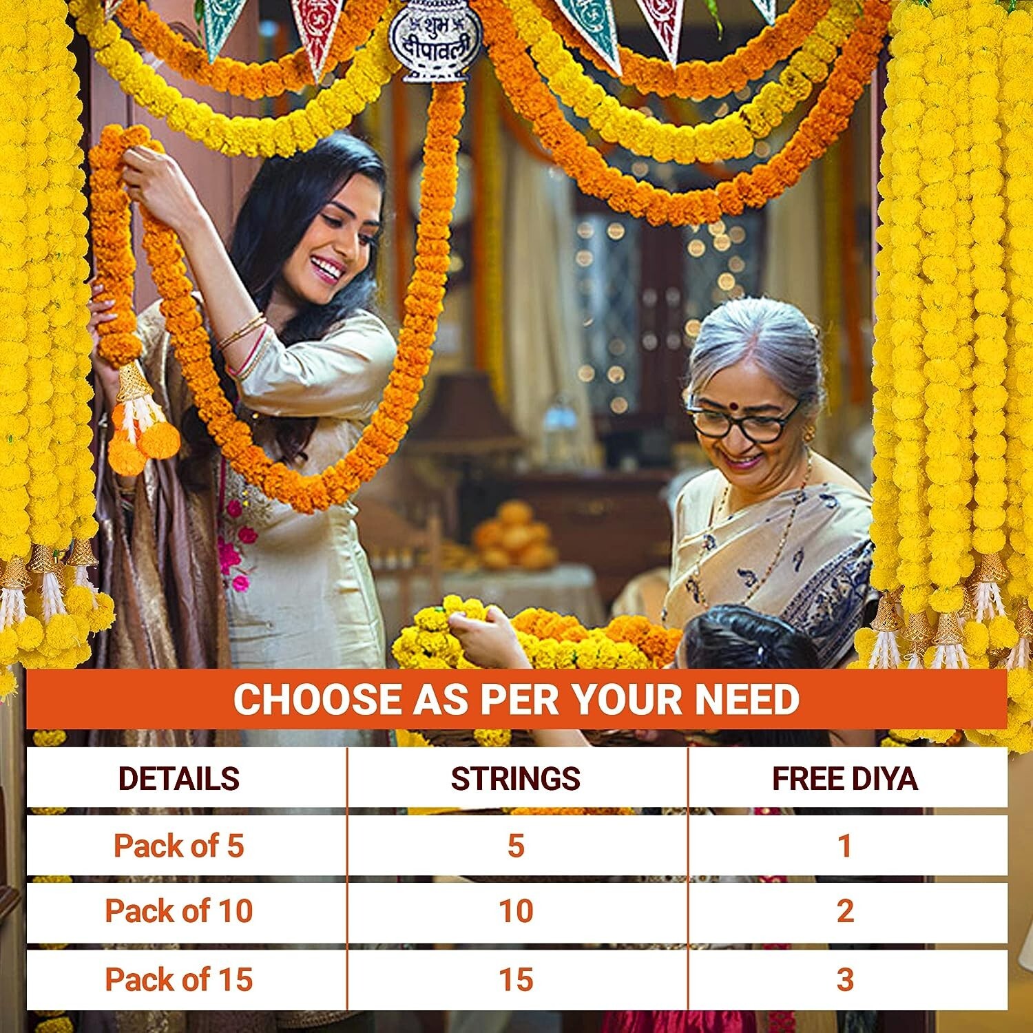 Artificial Marigold Flowers for Decoration Garland with Bell for Diwali & Festiv
