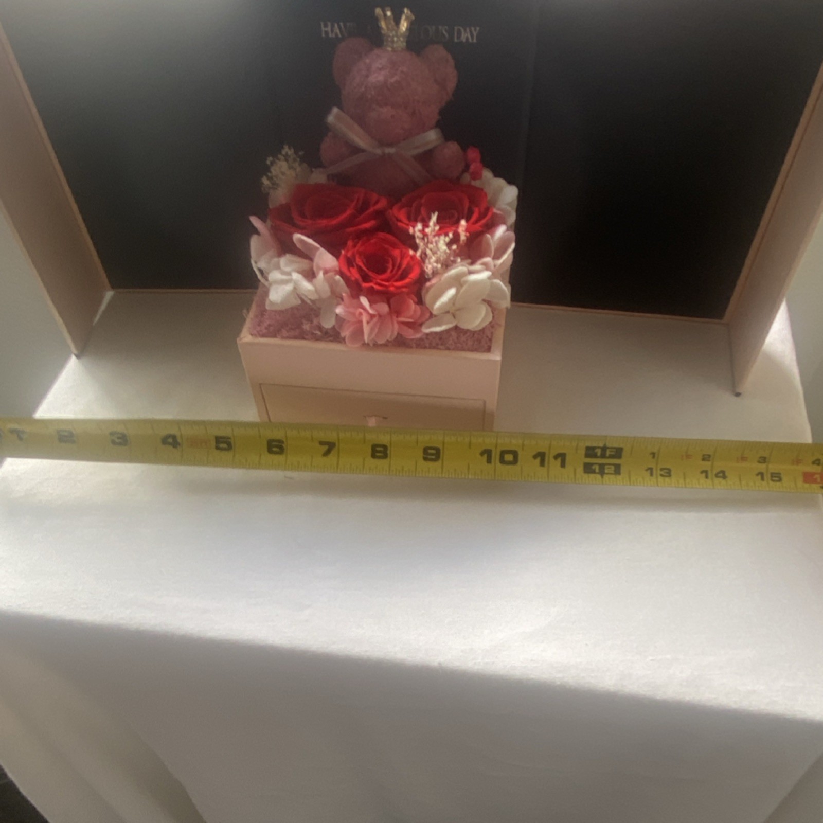 Artificial Rose Flower Box Arrangement w/ Pink Teddy Bear Love Theme 8″ x 5″