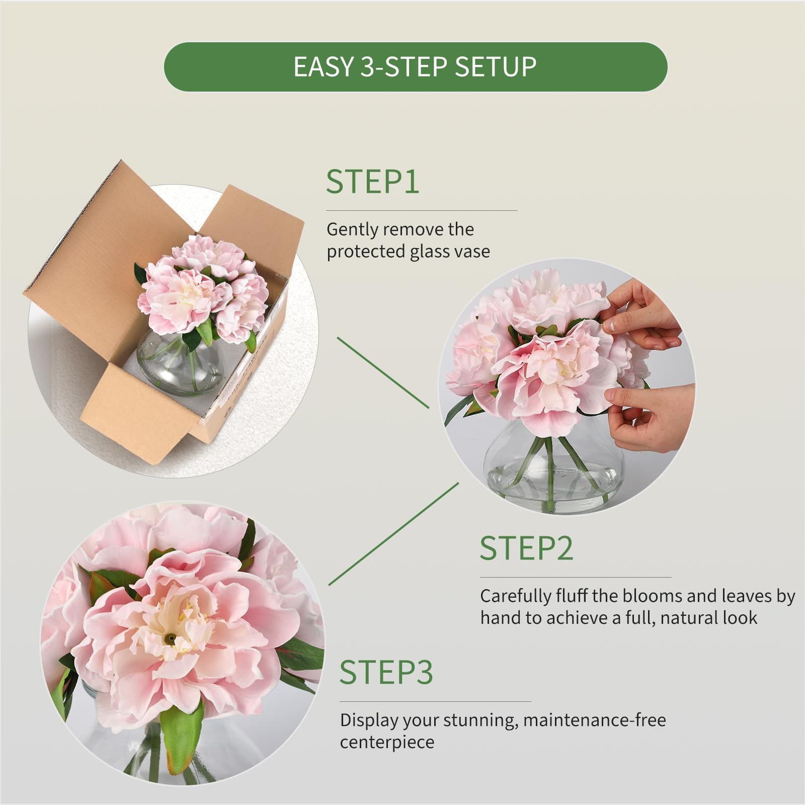 Pink Peonies Artificial Flowers with Glass Vase, Silk Faux Peony Flower Arran…