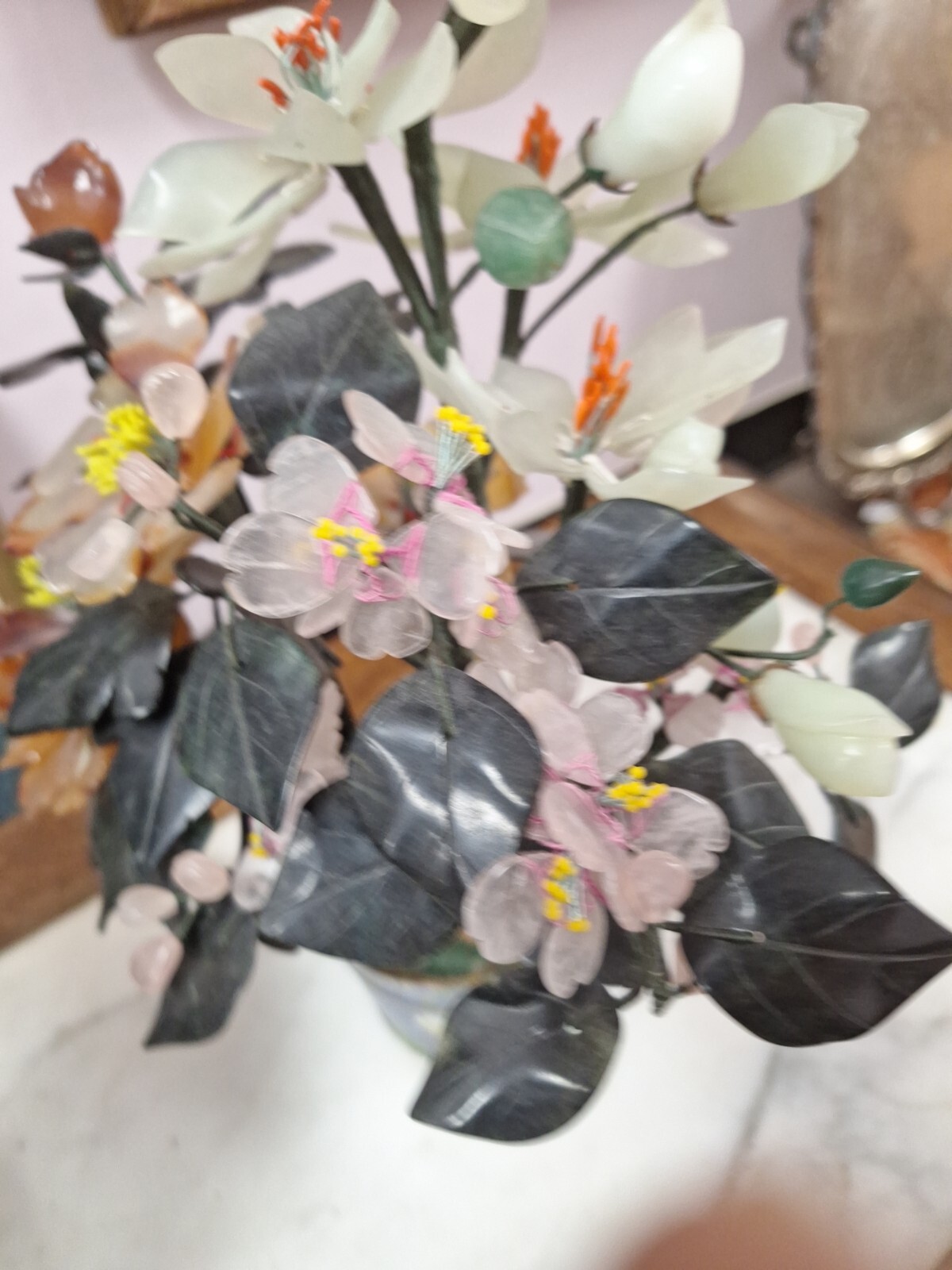 2 Hand Painted Japanese Flower Pots With Artificial Flowers With Jade 3.5″ Diam