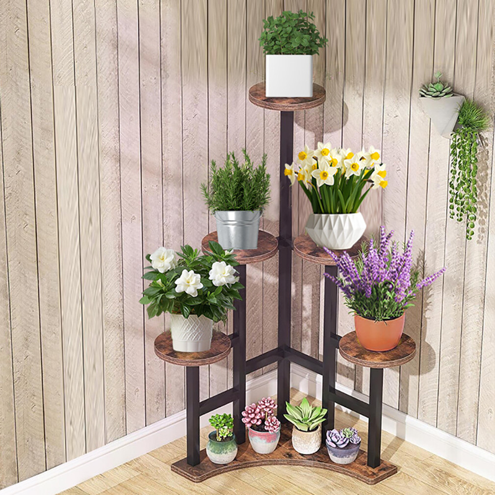 Rustic 8 Pots Tiered Plant Stand Outdoor Garden Patio Balcony Corner Flower Rack