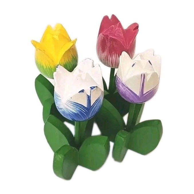 Four Wooden Multicolor Tulips Decor 5″ Tall