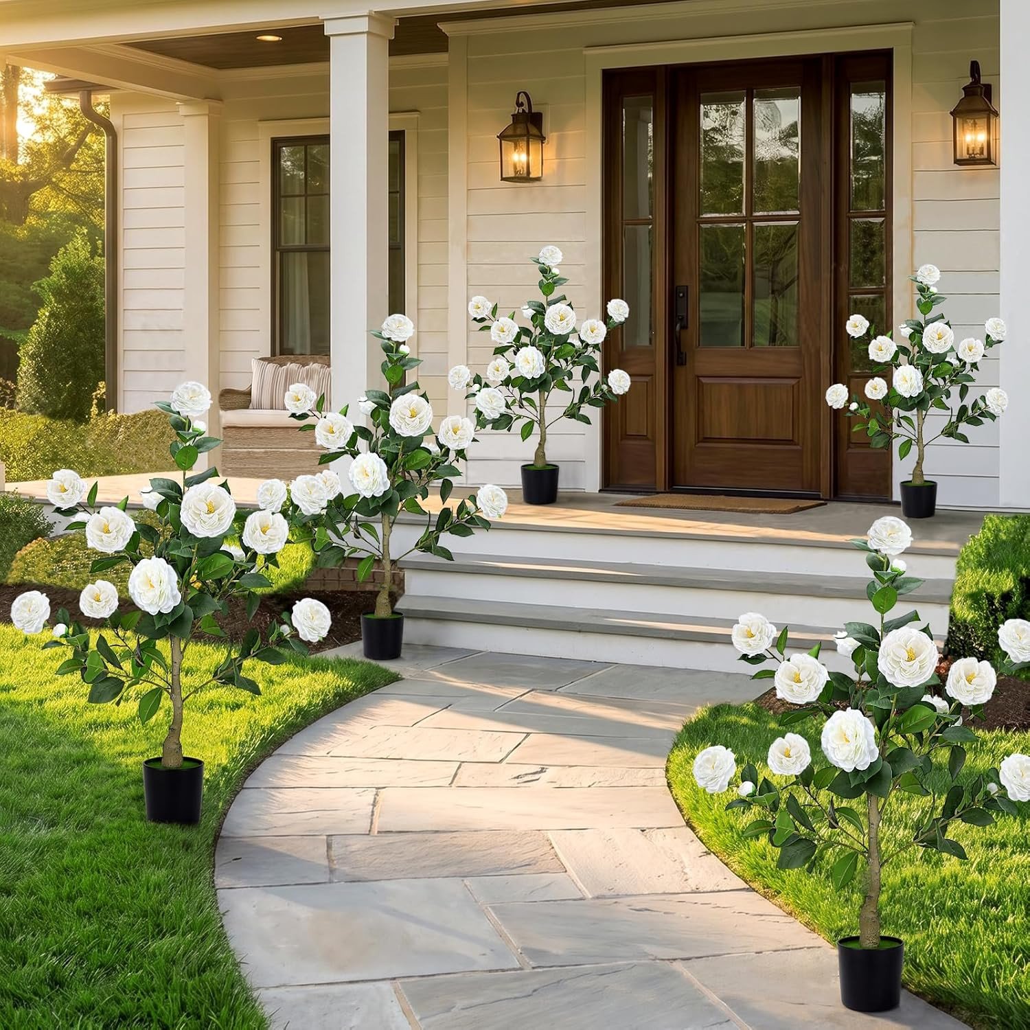 2 Pack 3FT UV Resistant Artificial Camellia Trees for Home & Patio Decor