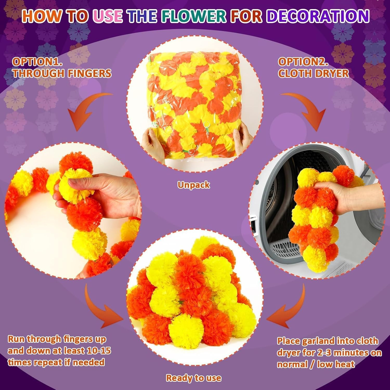 3 Pcs Marigold Garland for Decoration, 5 Feet Artificial Marigold Flowers Gar…