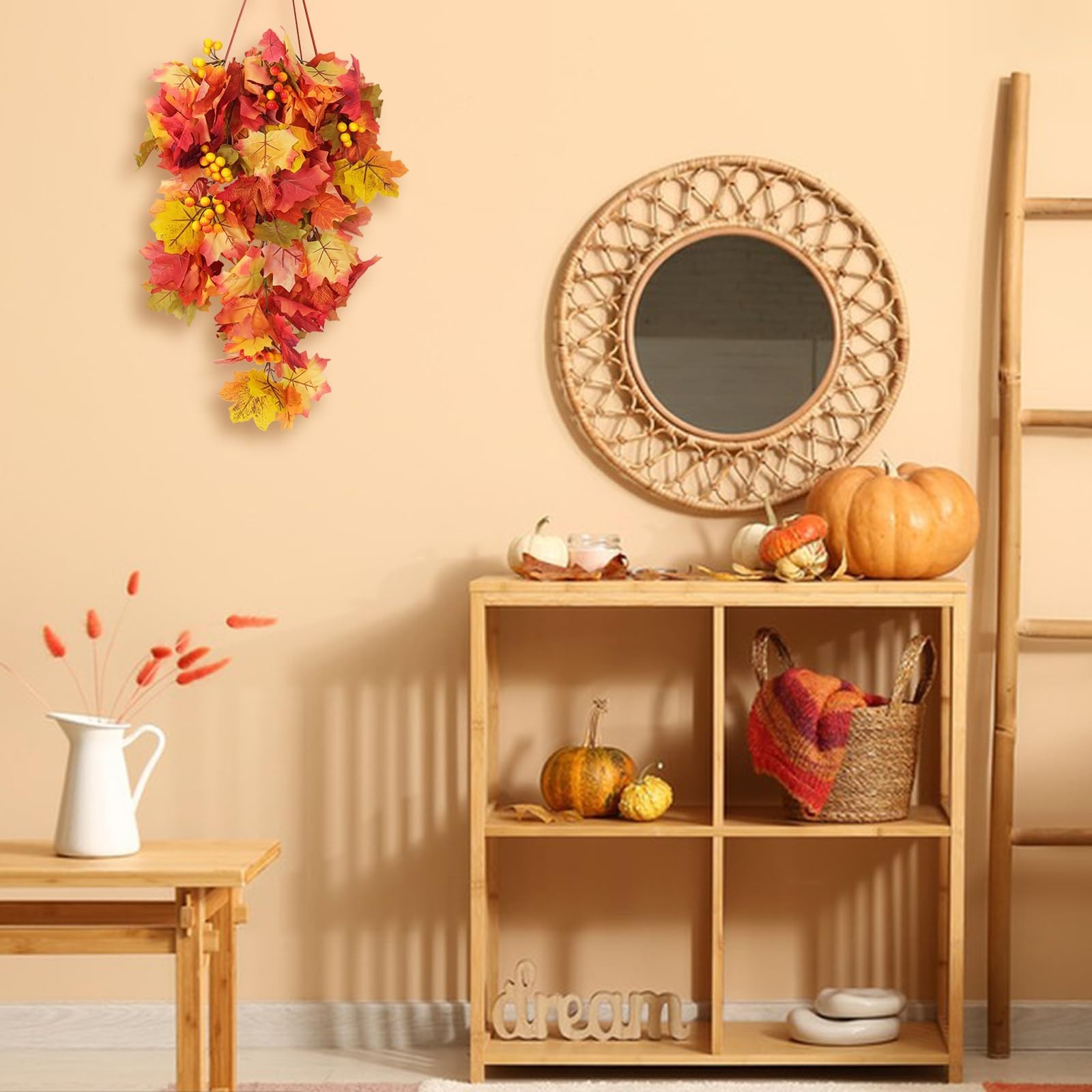 Artificial Fall Leaves Garland with Berries | 2Pcs Orange Maple Vine Decor for T