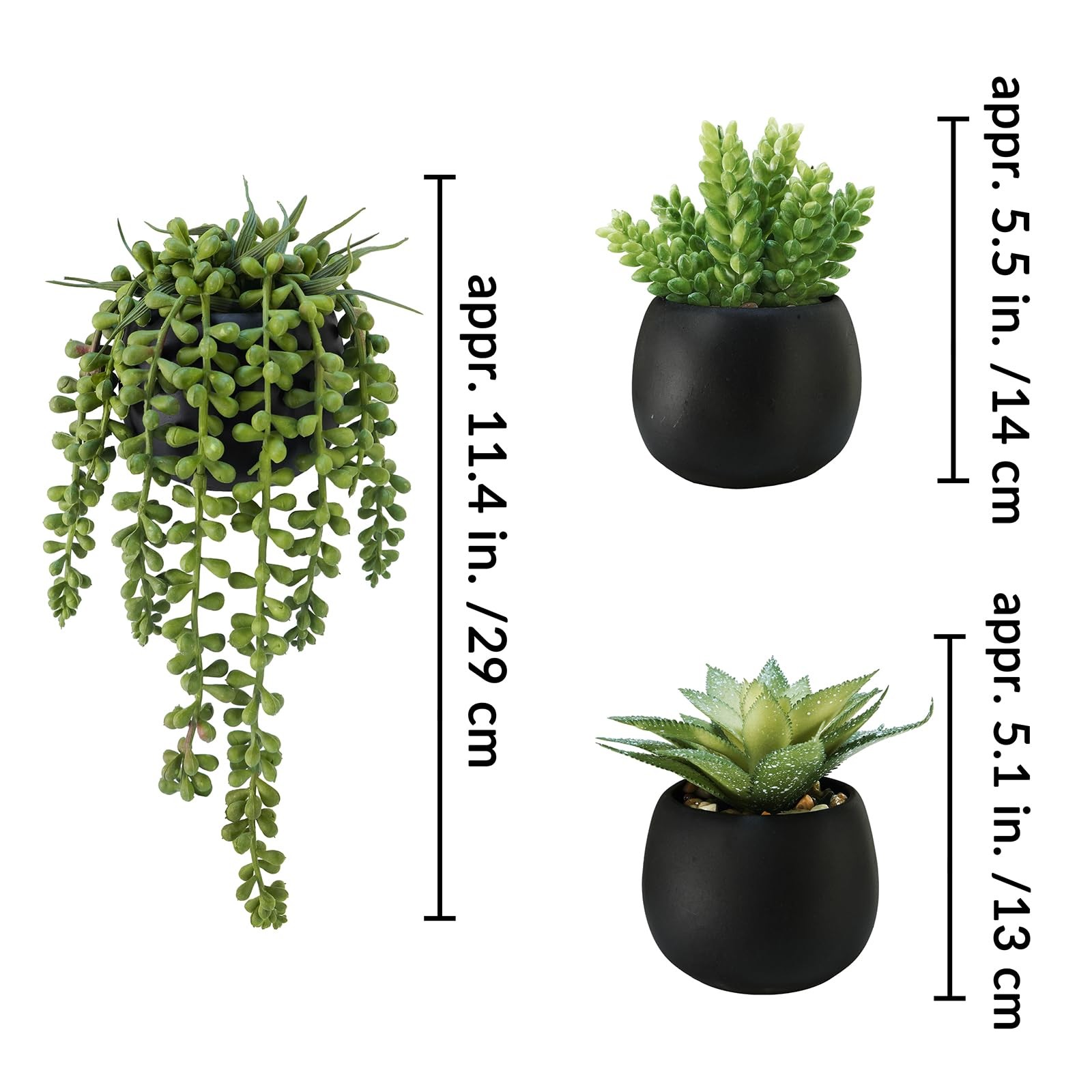 Set of 3 Artificial Succulents Plants in Black Cement Planters Faux Potted Pl…