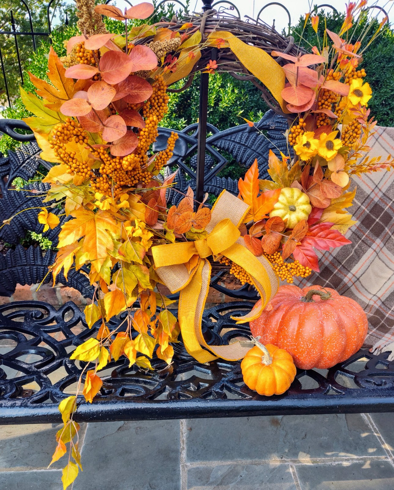 18″ FALL AUTUMN GRAPEVINE WREATH in GOLD, ORANGE, & YELLOW; TRAILING LEAVES