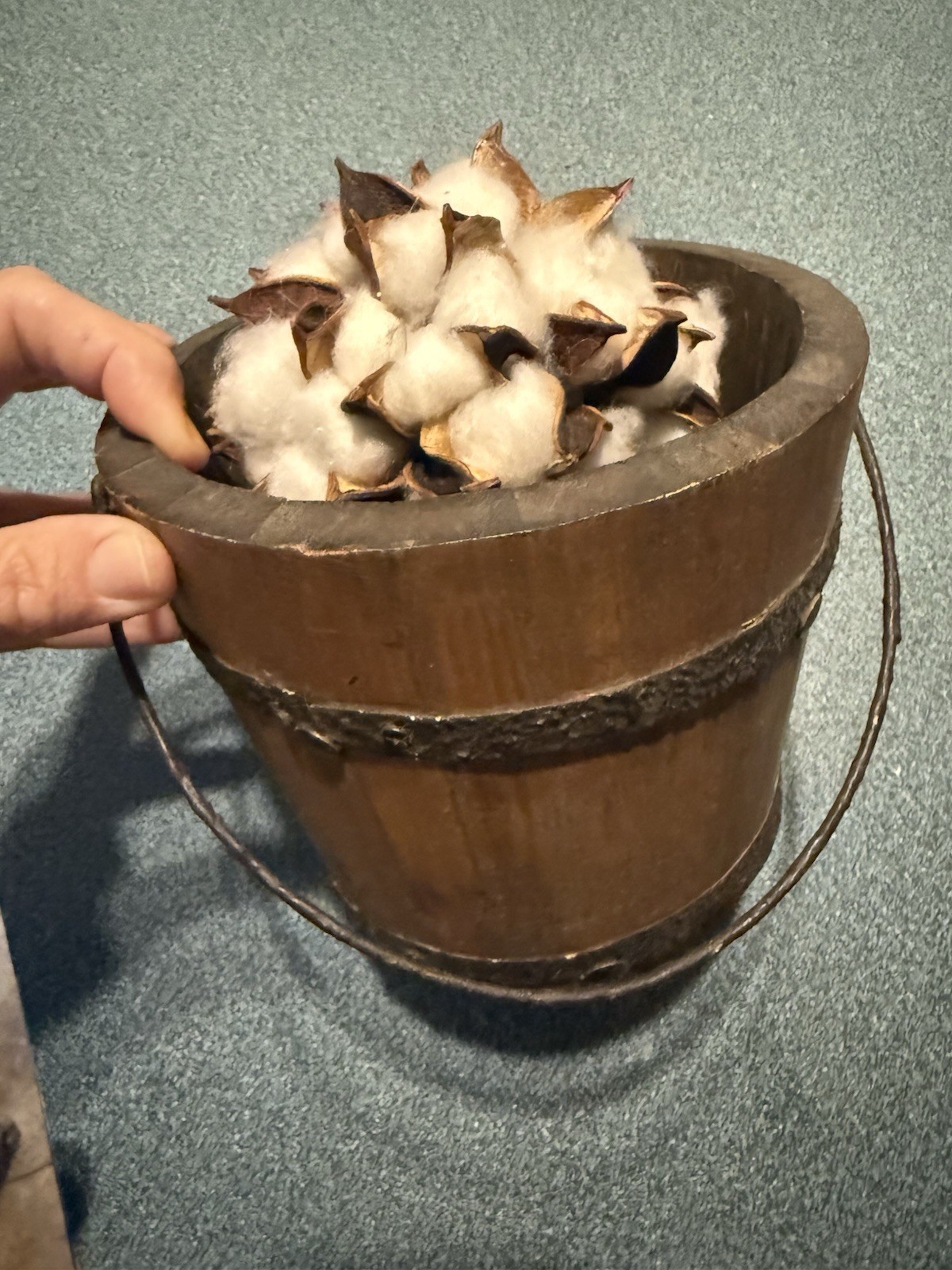 Rustic Wood & Metal Bucket Cotton Centerpiece Arrangement Brown/White 5 in